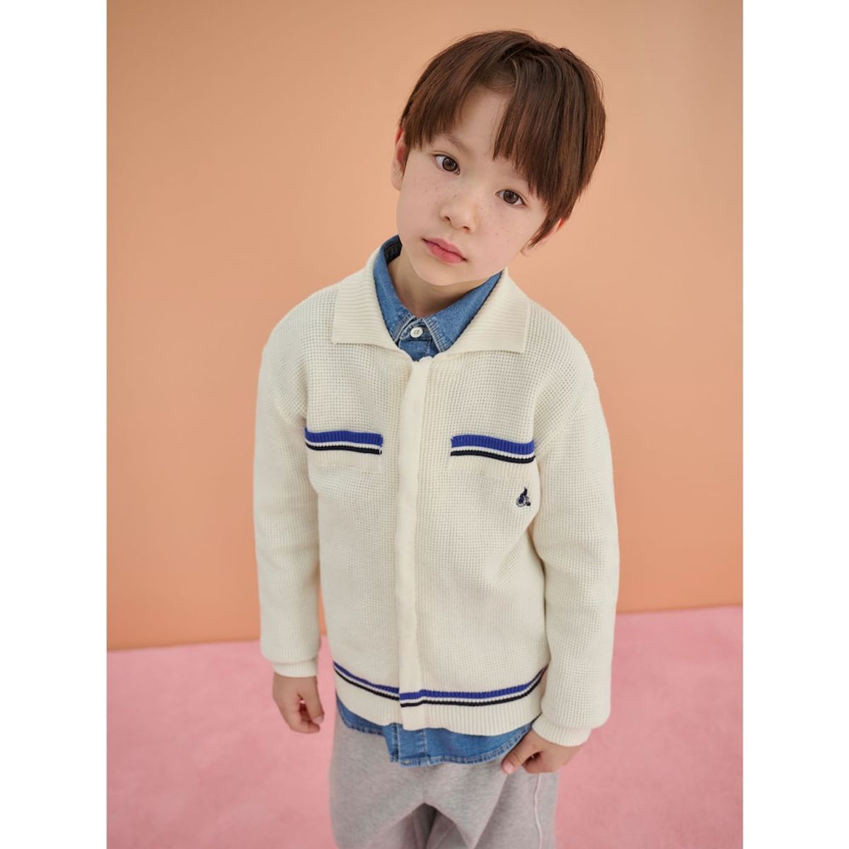 빈폴 키즈(BEANPOLE KIDS) 플레인형 자카드 T칼라 카디건  아이보리 (BI515AU020)