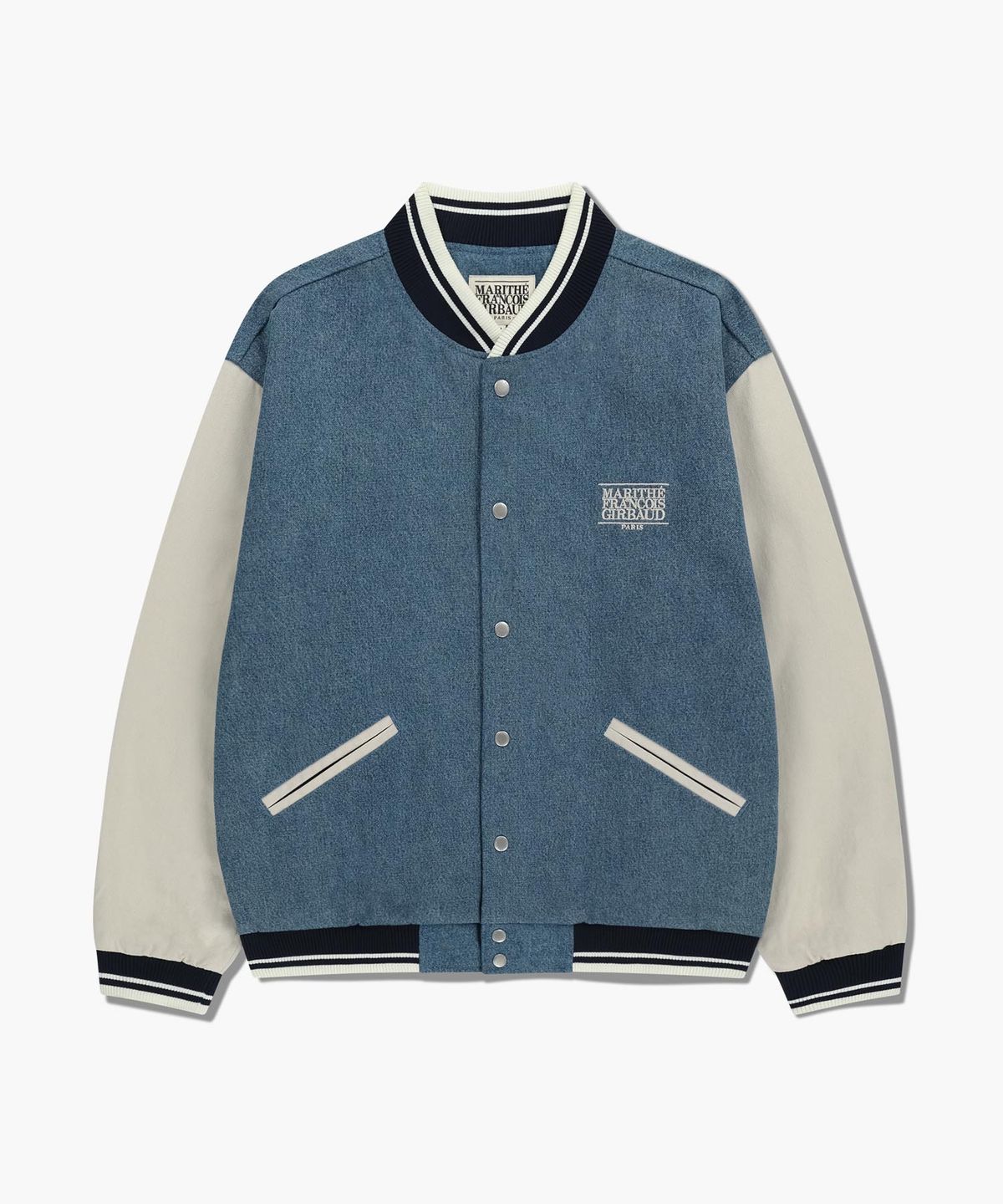 마리떼 프랑소와 저버(MARITHÉ + FRANҪOIS GIRBAUD) CLASSIC LOGO EMBROIDERY DENIM VARSITY JACKET light blue