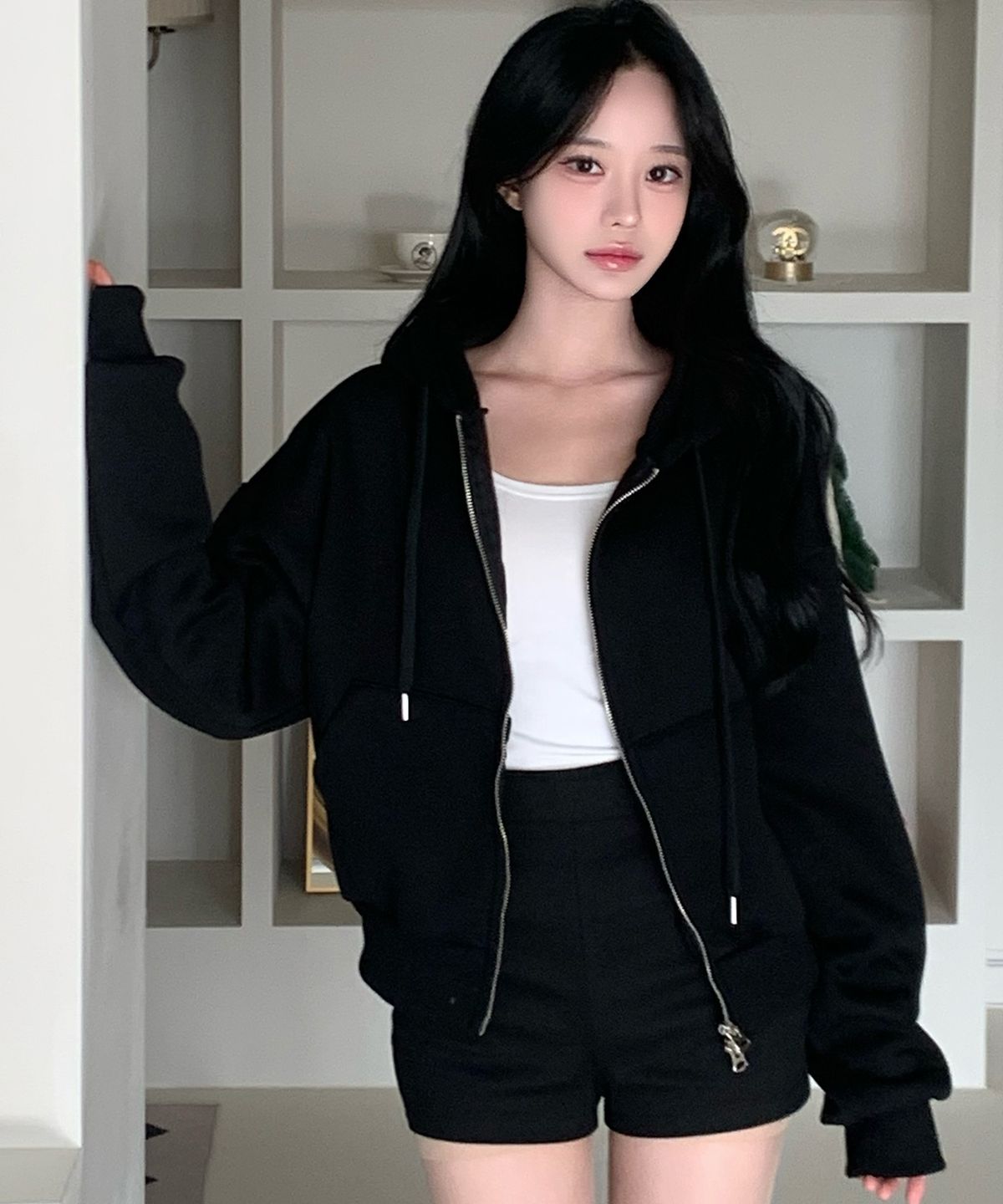 포더핏(FOR THE FIT) 스웨트 크롭 후드 집업_블랙