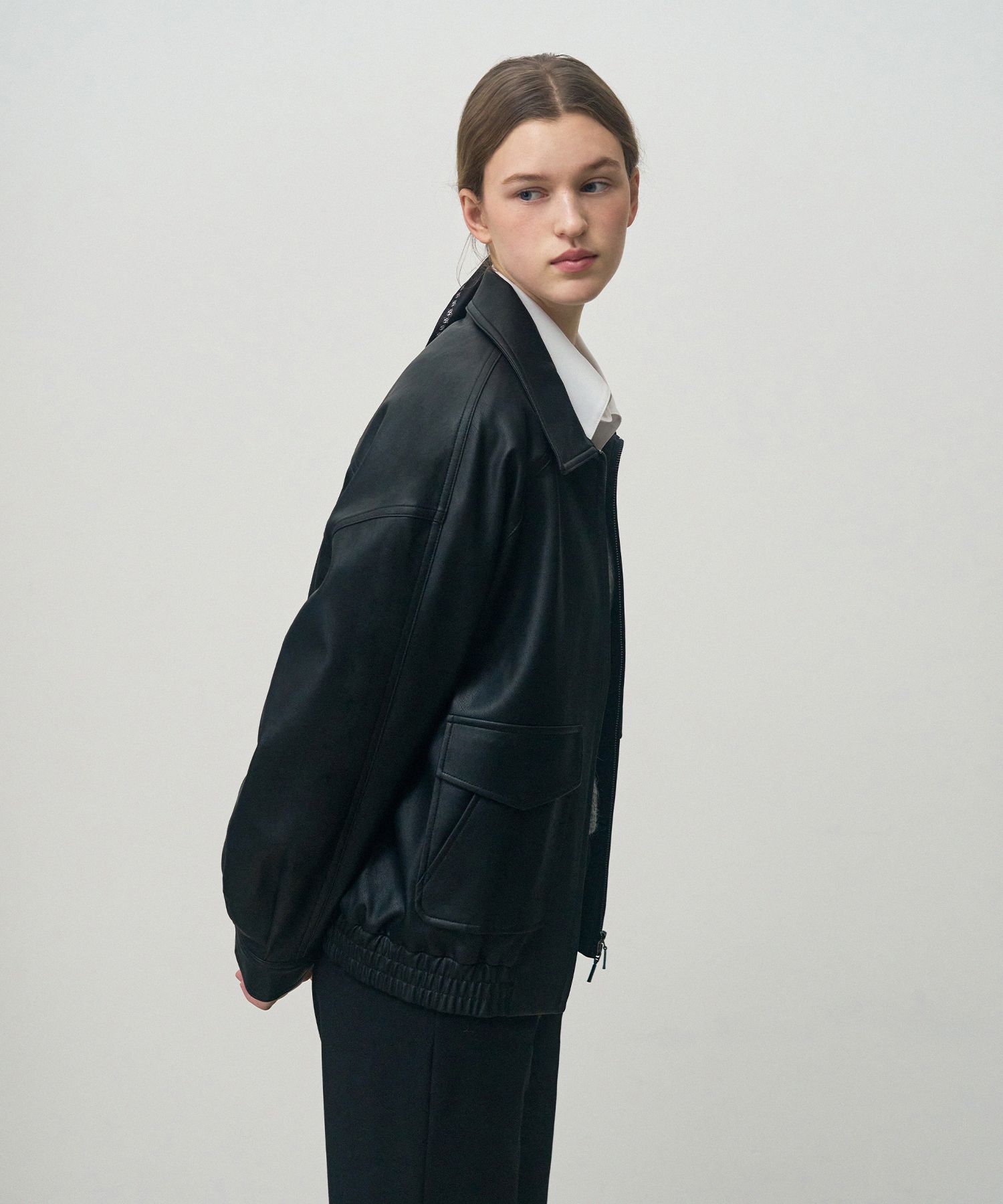 MUSINSA | DRAWFIT WOMEN List Overfit Leather Blue Jacket [BLACK]