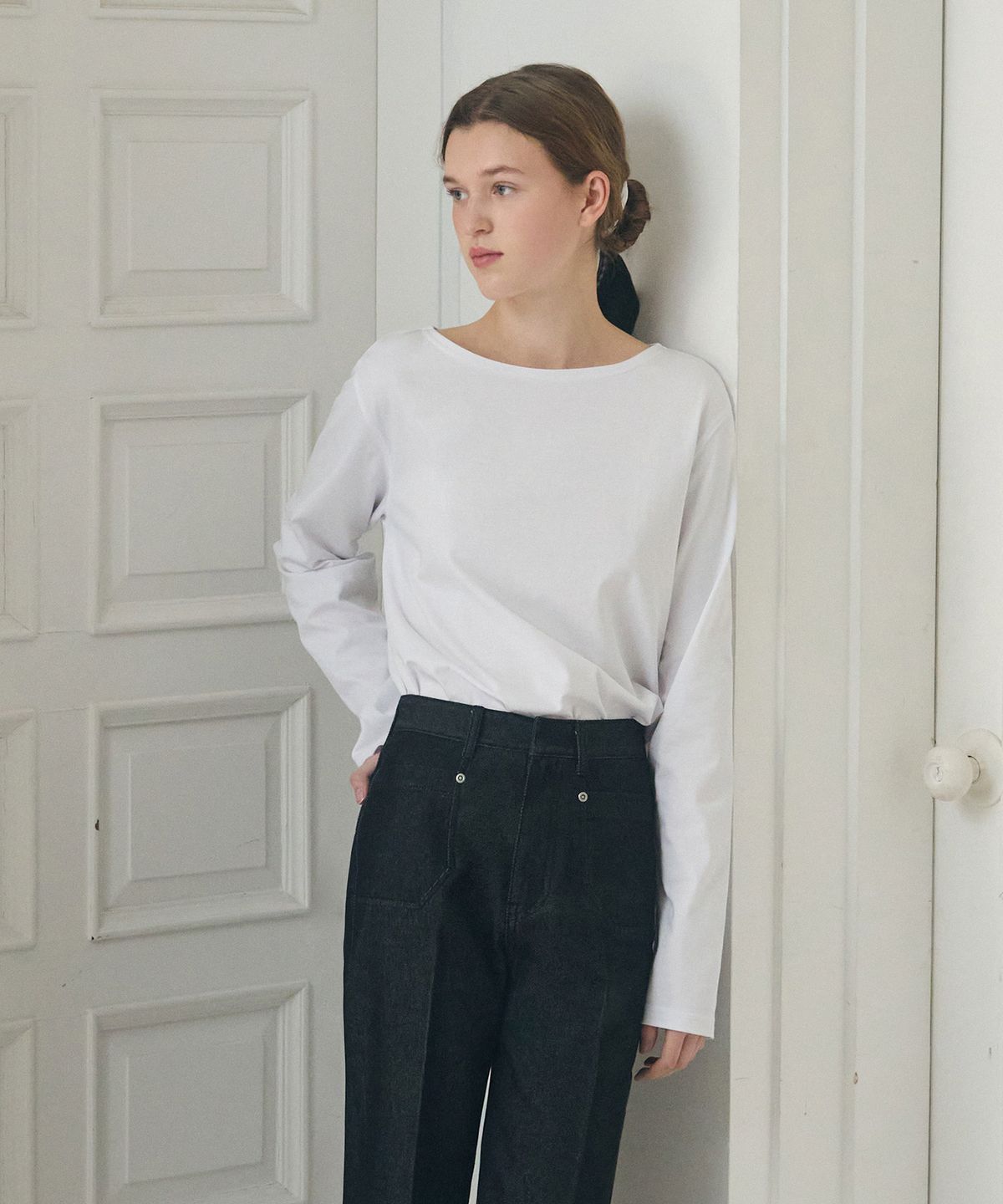 드로우핏 우먼(DRAWFIT WOMEN) 수피마 실켓 보트넥 롱 슬리브 티셔츠 [WHITE]