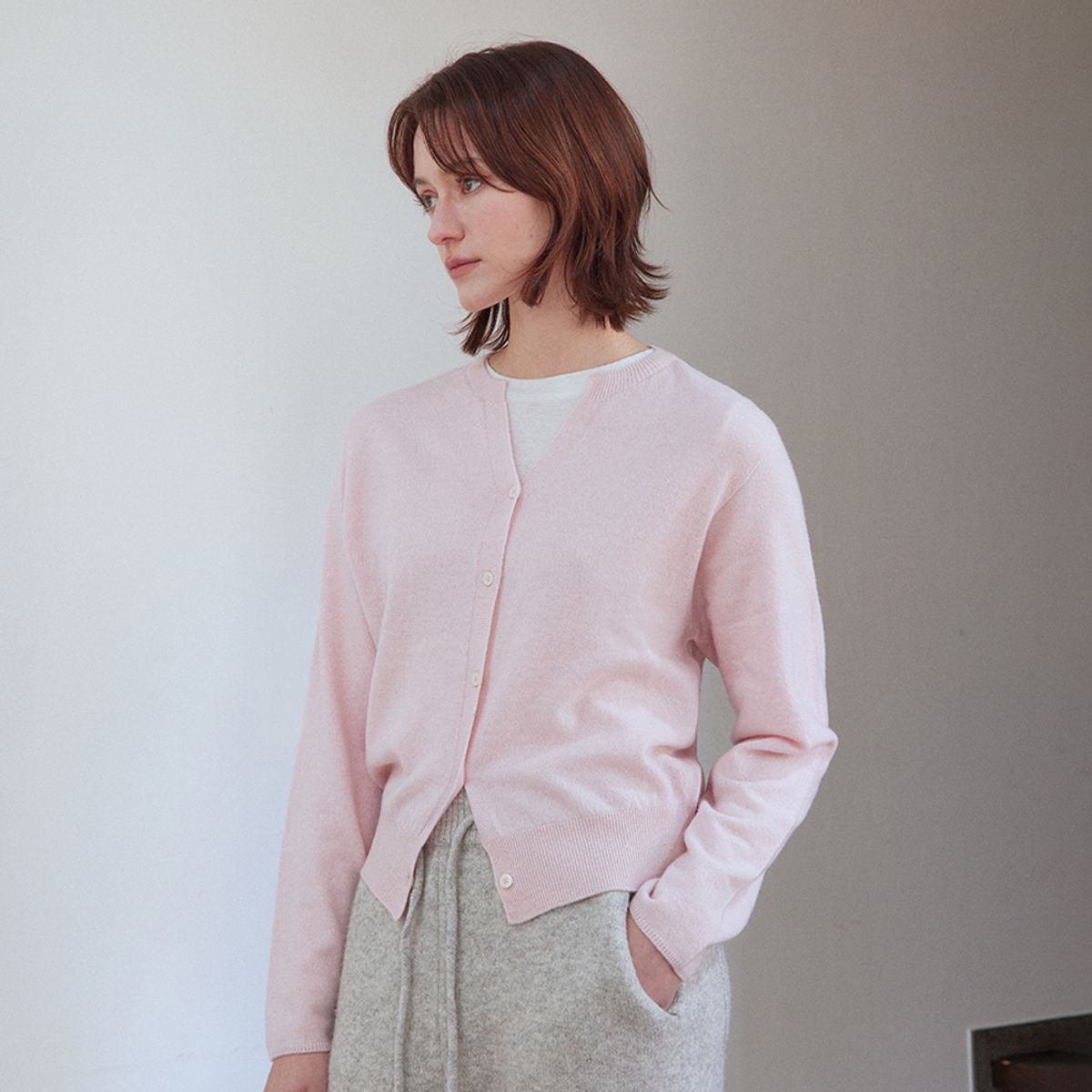 스텝어라운드(STEP AROUND) Cashmere whole garment round cardigan_BABY PINK