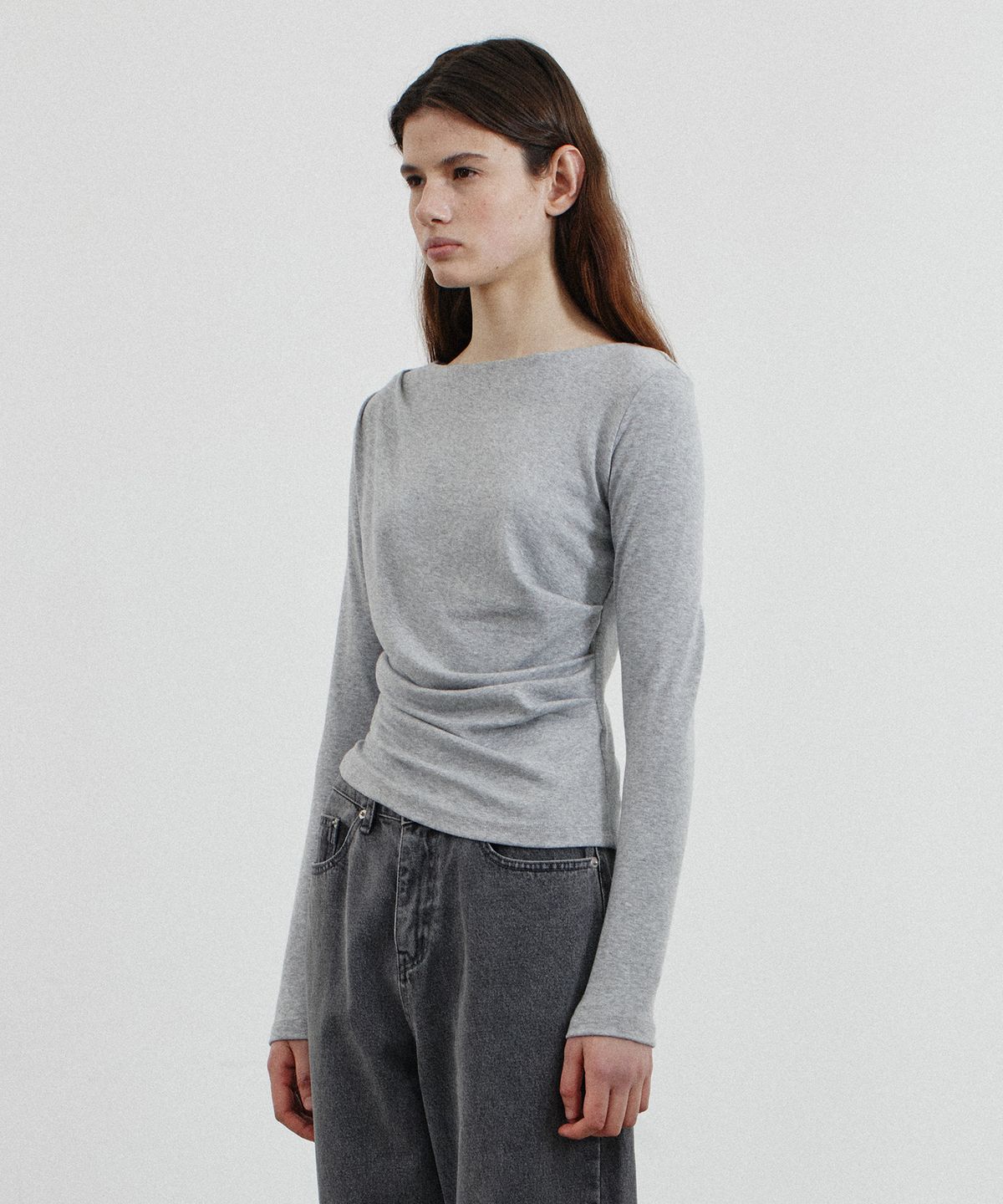 노티아(NOTIA) UNBALANCE DRAPE T-SHIRT - GRAY