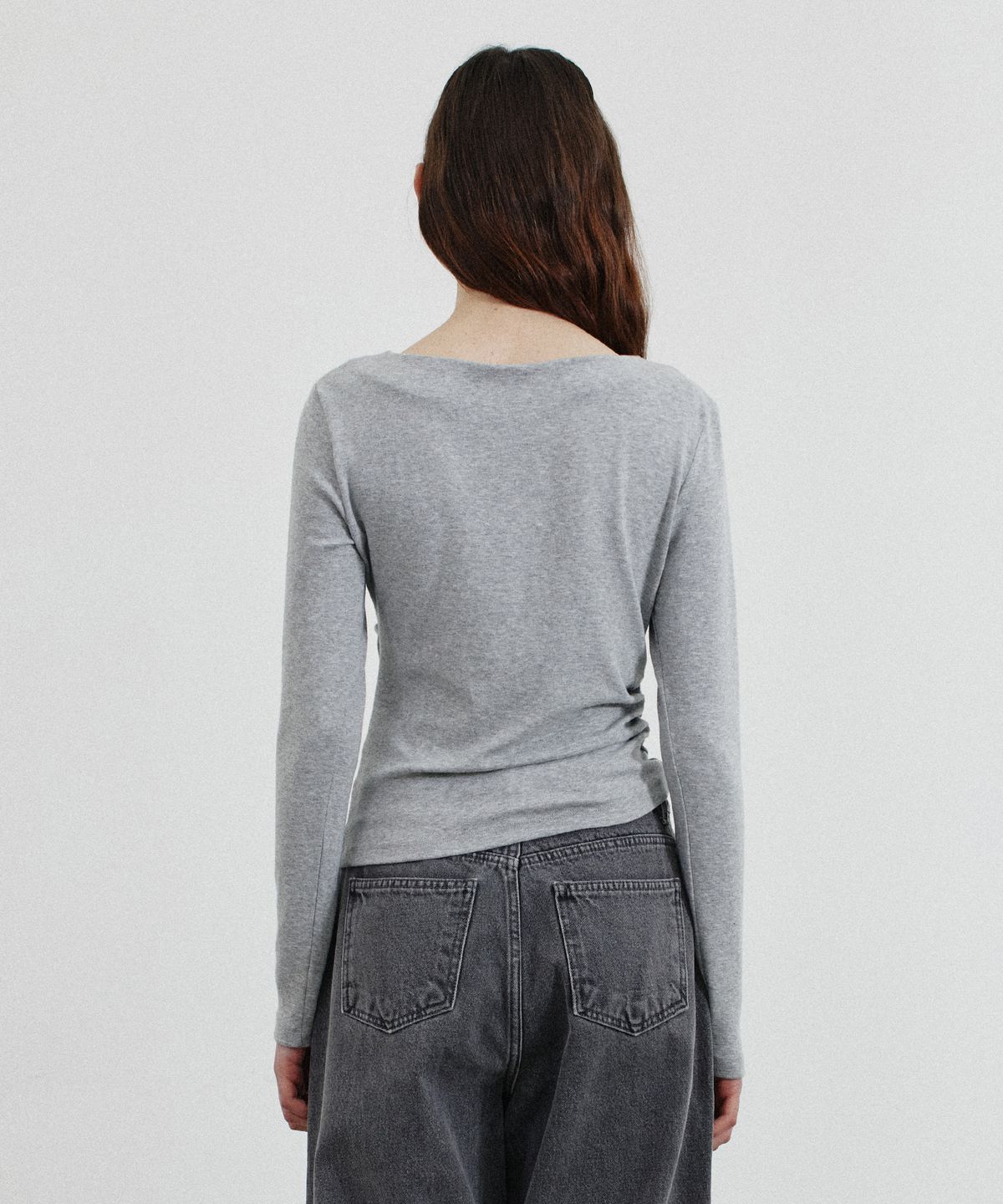 노티아(NOTIA) UNBALANCE DRAPE T-SHIRT - GRAY