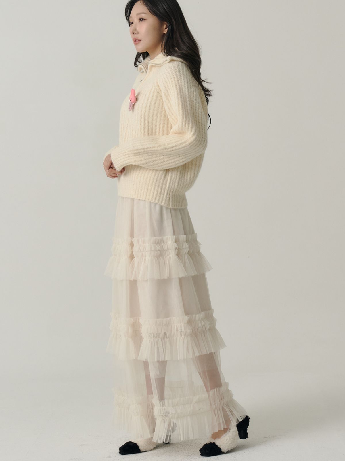 쏘리, 투 머치 러브(SORRY, TOO MUCH LOVE) Petricia Layered Sha Frill Long Skirt_Cream