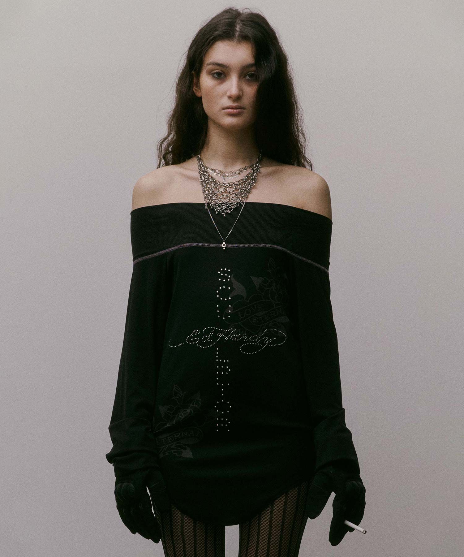 스컬프터(SCULPTOR) [Sculptor X Ed Hardy] Raglan Off-Shoulder Tee