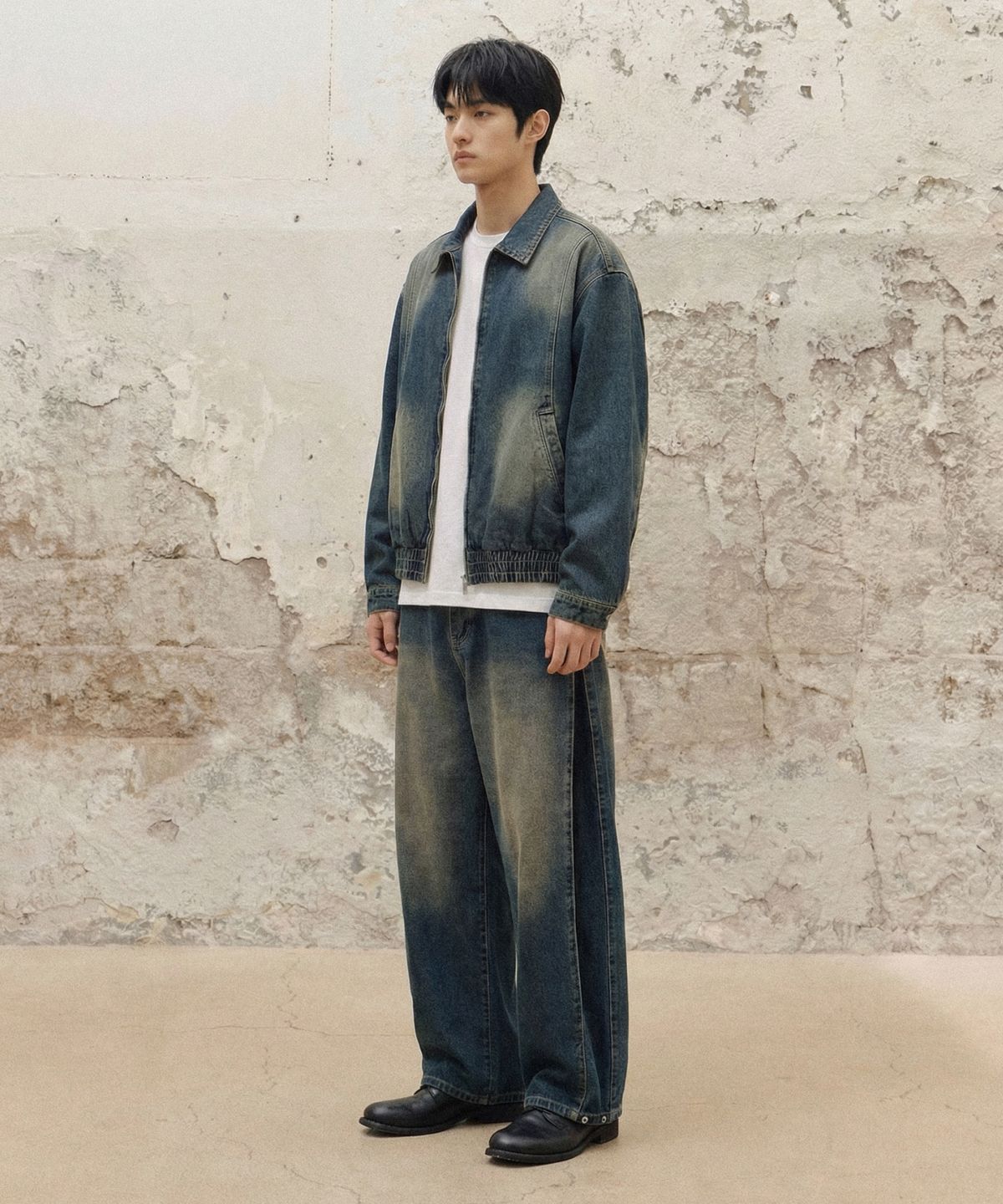 에이지오디(AGOD) 빈티지 사이드 턱 와이드 데님 팬츠 [데저트 블루]