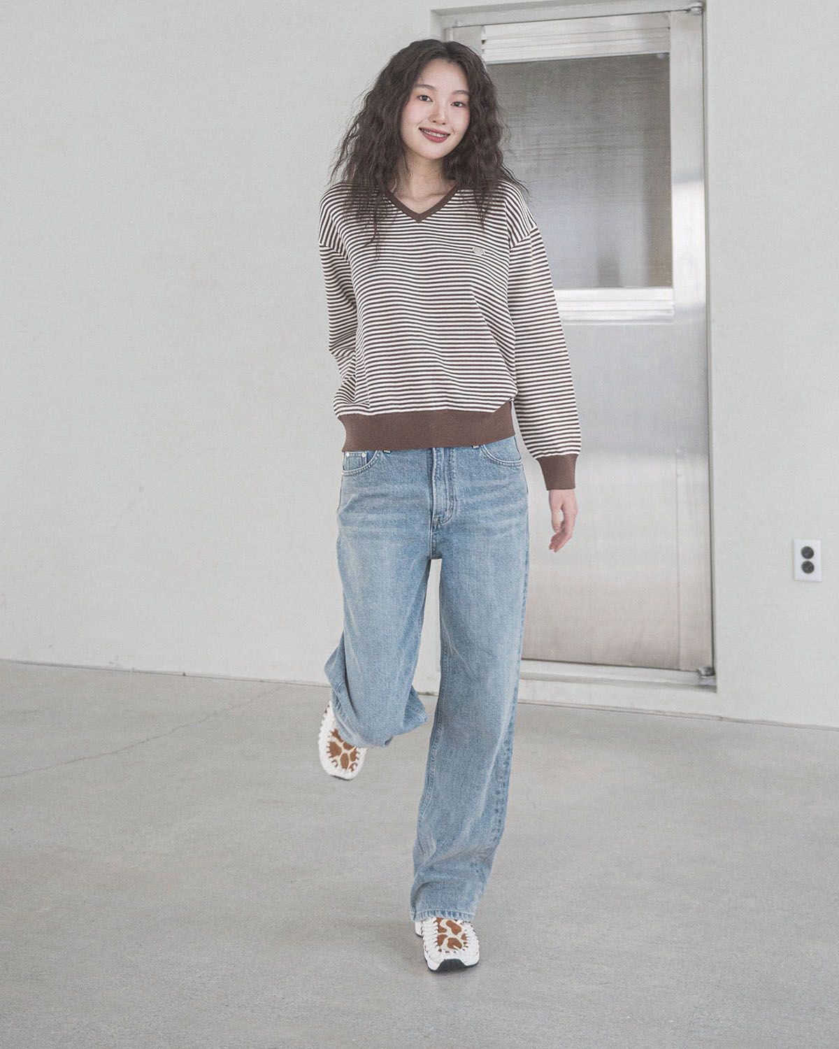 해비즘(HAVISM) ROSE STRIPE  V-NECK KNIT(BROWN)