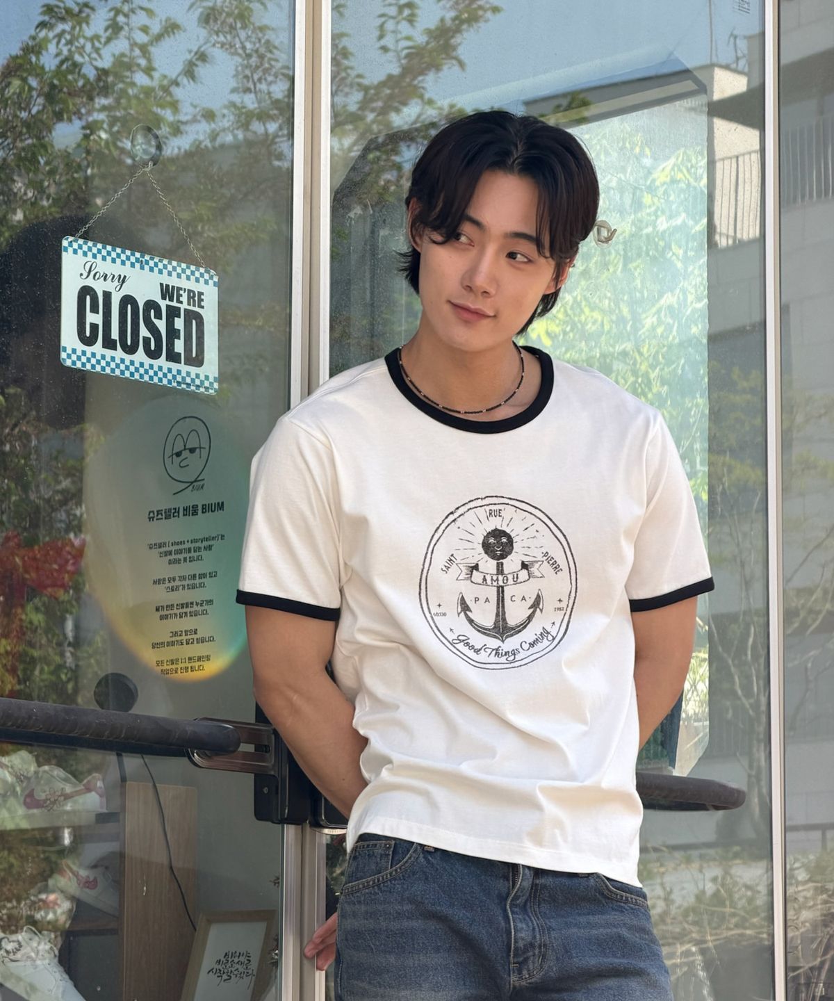 아모우(AMOU) Anchor Ringer T-shirts white