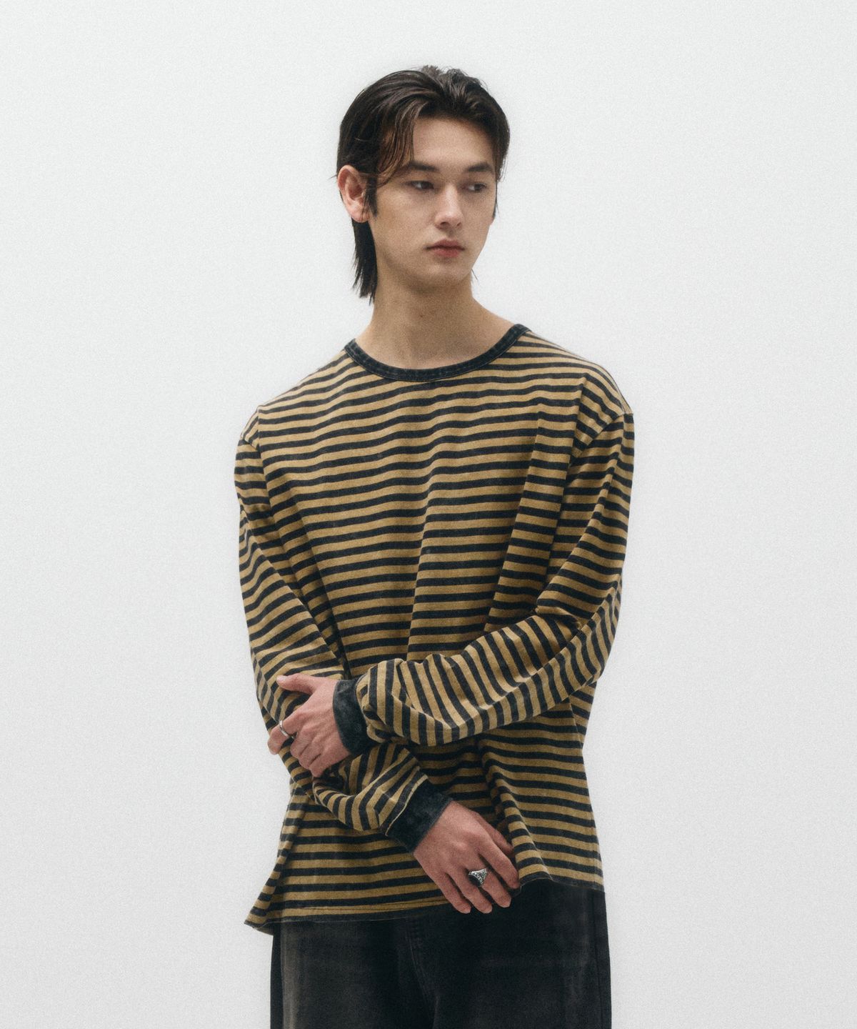 이코르(ECORR) 빈티지 워시드 스트라이프 롱슬리브_옐로우