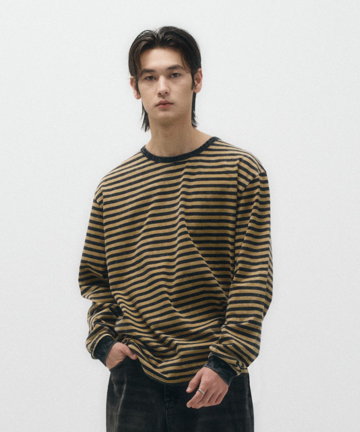 이코르(ECORR) 빈티지 워시드 스트라이프 롱슬리브_옐로우