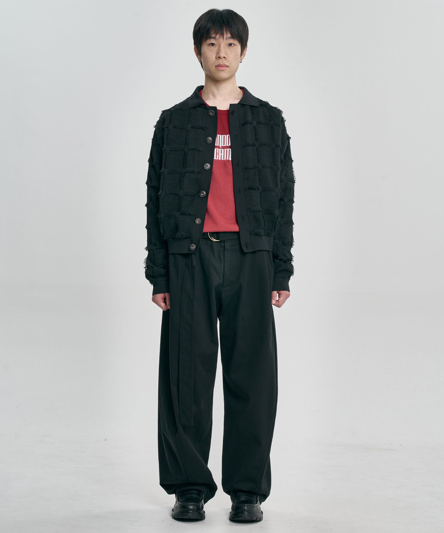 MUSINSA | AJOBYAJO Fringe Check Cardigan [BLACK]