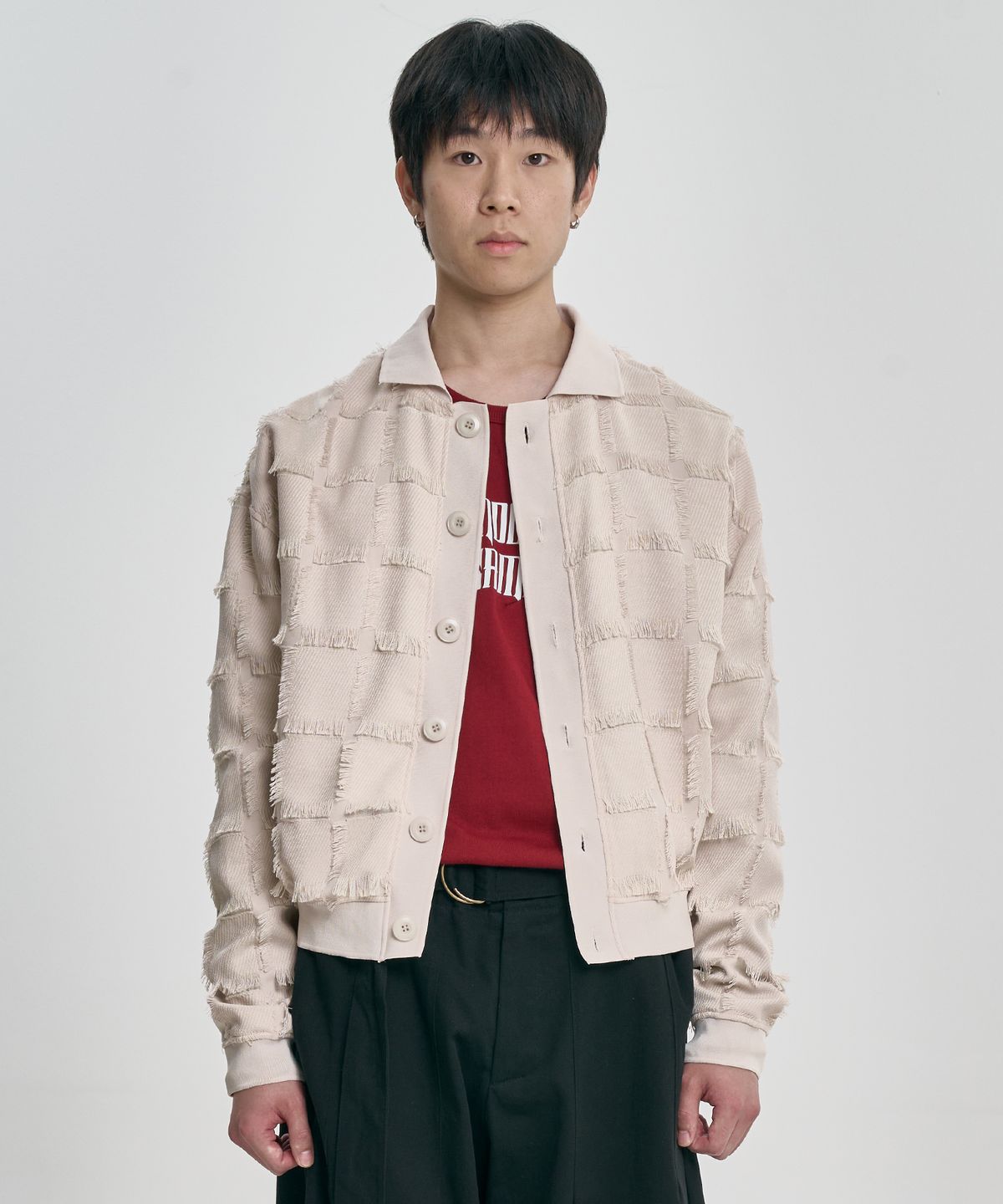 아조바이아조(AJOBYAJO) Fringe Check Cardigan [CREAM]