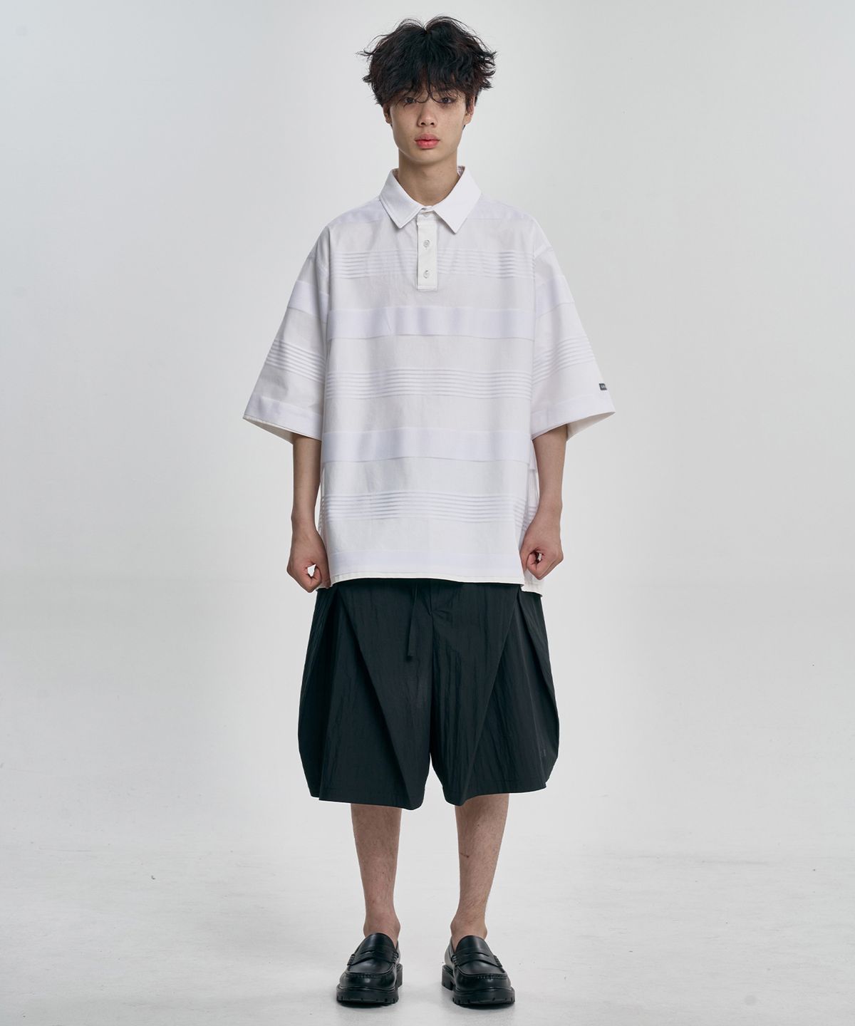 아조바이아조(AJOBYAJO) Stripe Mesh Layered Polo Shirt [WHITE]