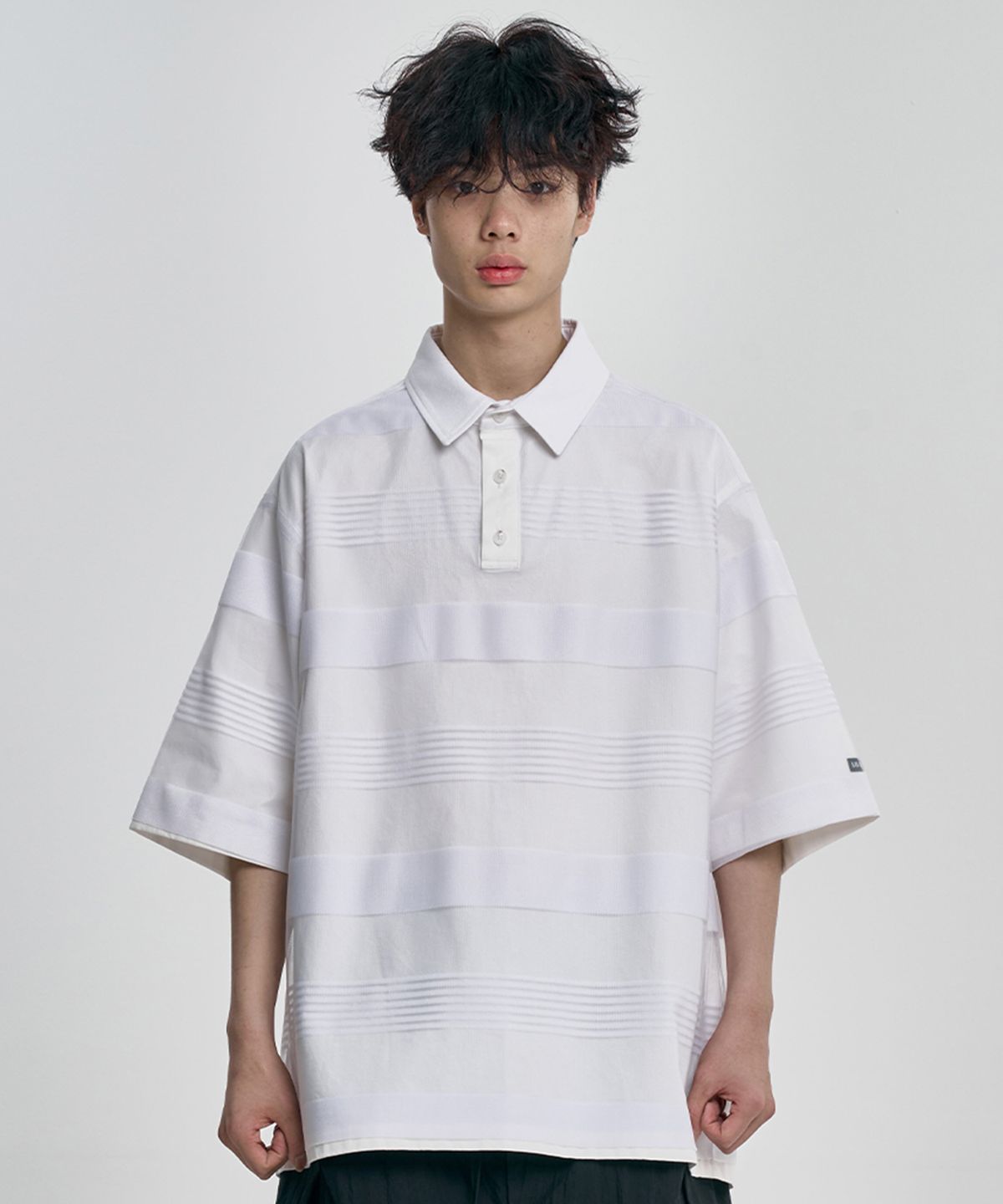 아조바이아조(AJOBYAJO) Stripe Mesh Layered Polo Shirt [WHITE]