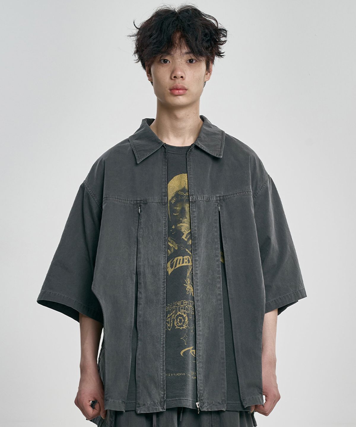 아조바이아조(AJOBYAJO) Paneled Zip-Up Shirt [CHARCOAL]