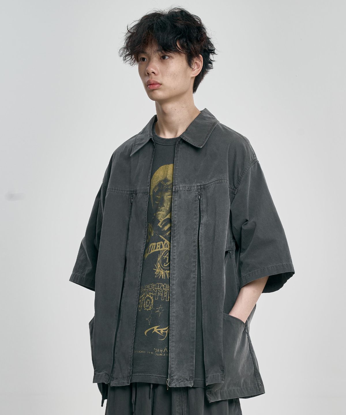 아조바이아조(AJOBYAJO) Paneled Zip-Up Shirt [CHARCOAL]