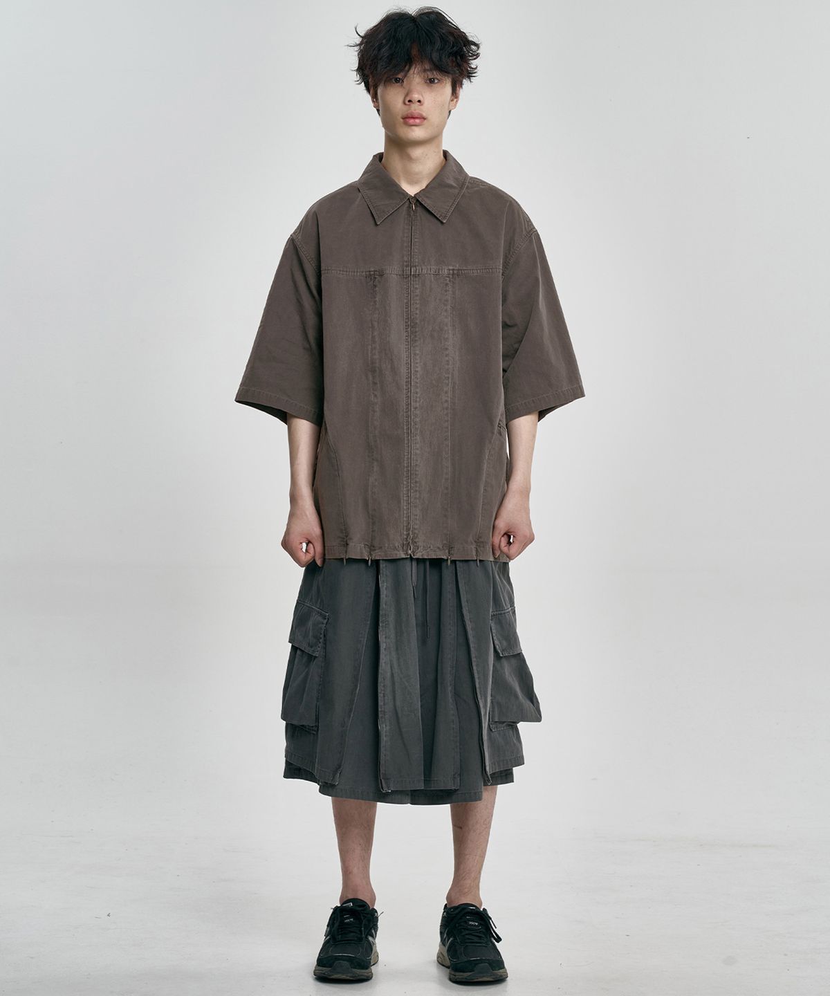 아조바이아조(AJOBYAJO) Paneled Zip-Up Shirt [BROWN]