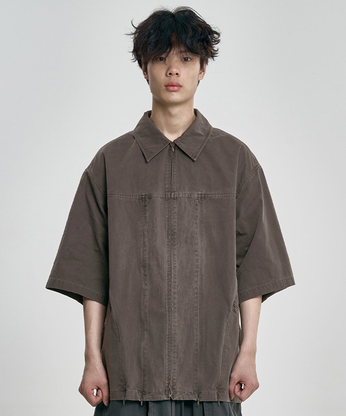 아조바이아조(AJOBYAJO) Paneled Zip-Up Shirt [BROWN]