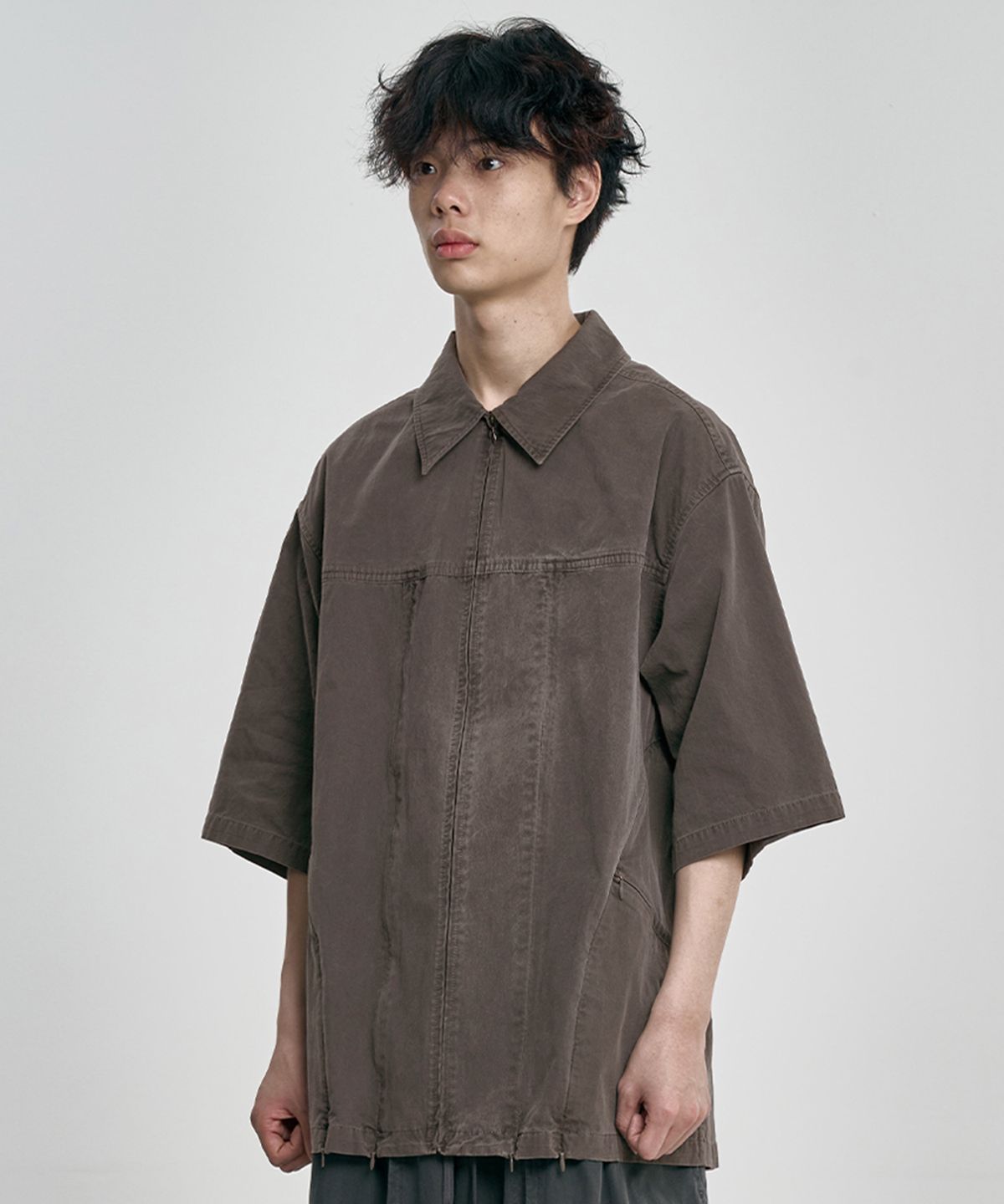 아조바이아조(AJOBYAJO) Paneled Zip-Up Shirt [BROWN]