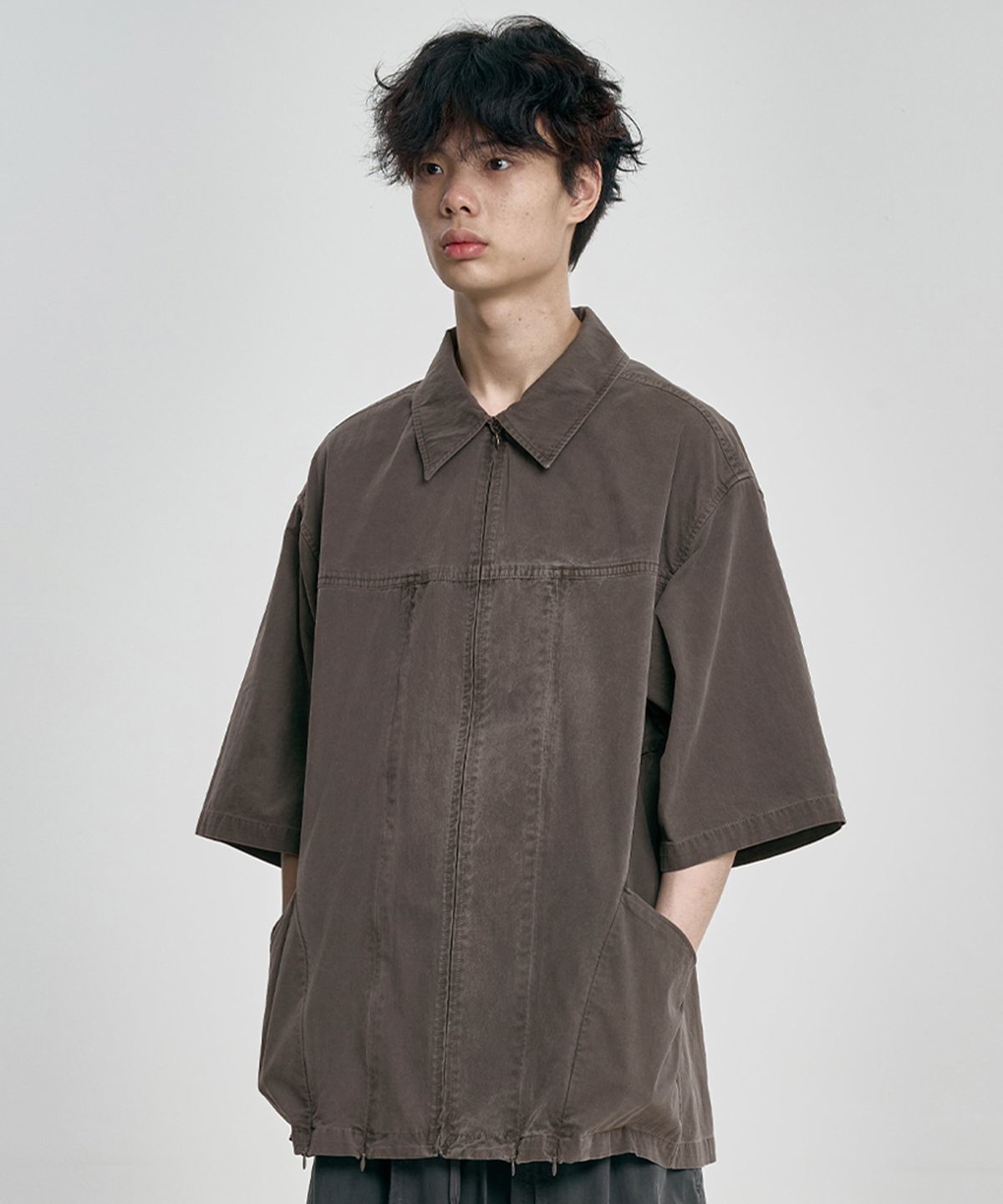 아조바이아조(AJOBYAJO) Paneled Zip-Up Shirt [BROWN]