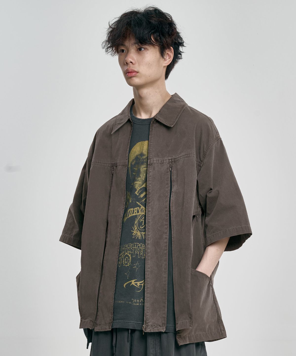 아조바이아조(AJOBYAJO) Paneled Zip-Up Shirt [BROWN]