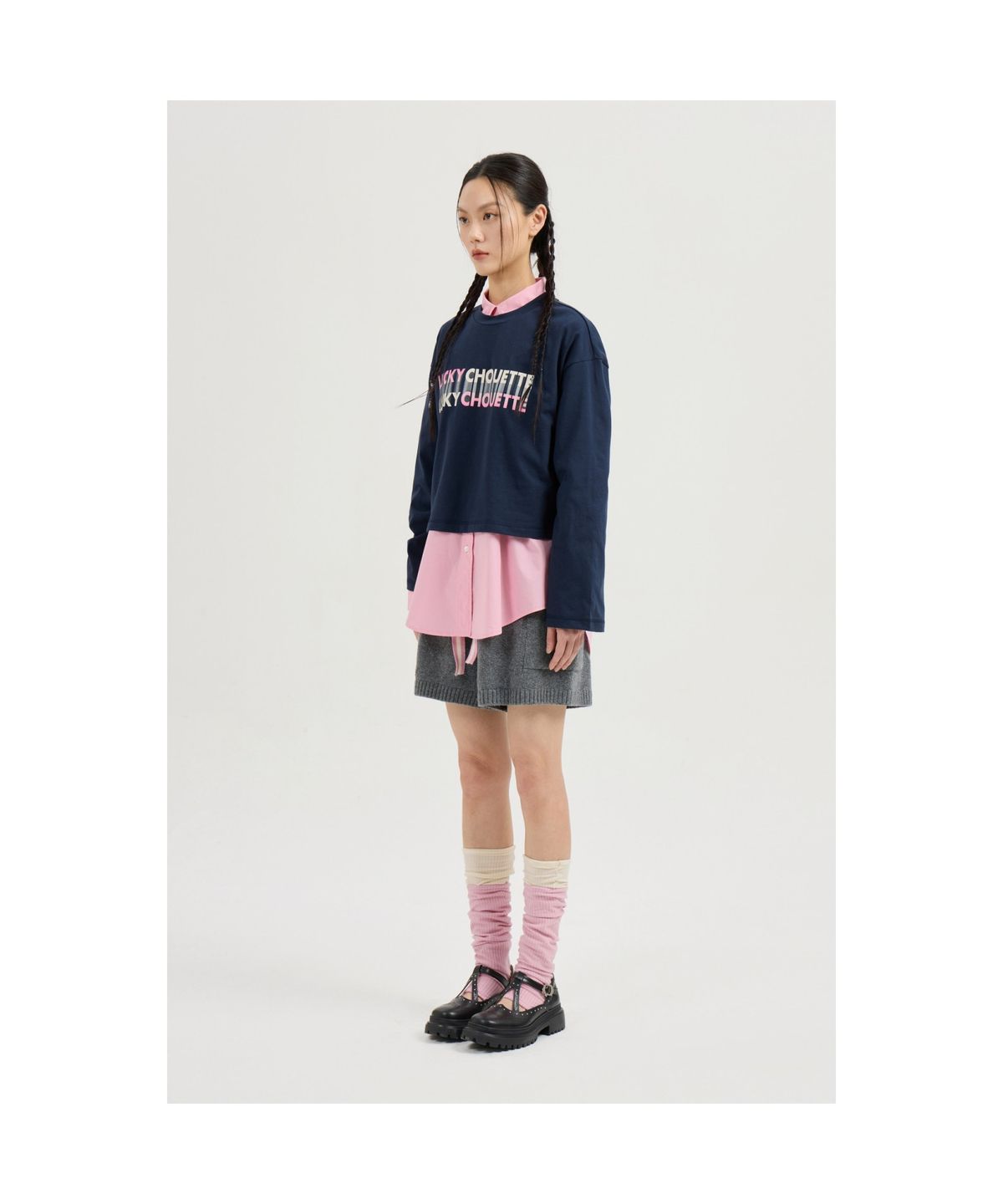 럭키슈에뜨(LUCKY CHOUETTE) Printed Cropped Long-sleeved T-shirt (dark navy) LFTAS25170NYD