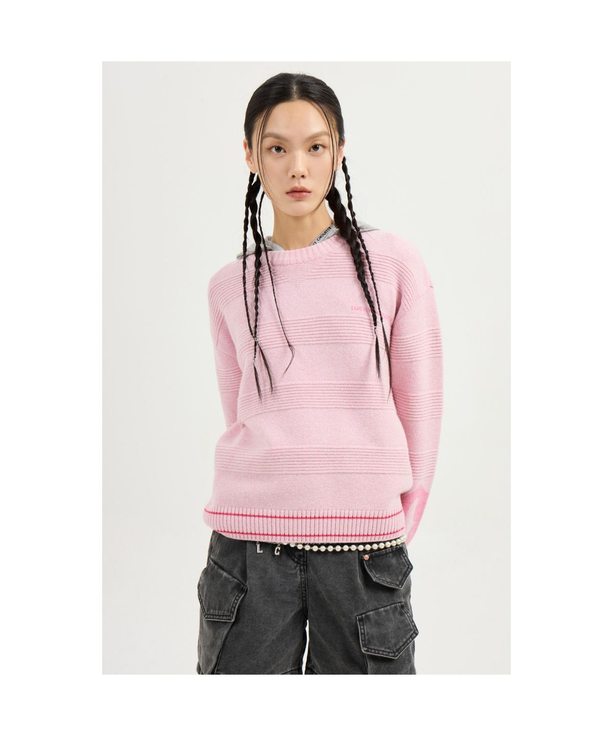 럭키슈에뜨(LUCKY CHOUETTE) Embroidered Point Rib Hooded T-shirt (melange grey) LFTAS25125GYM
