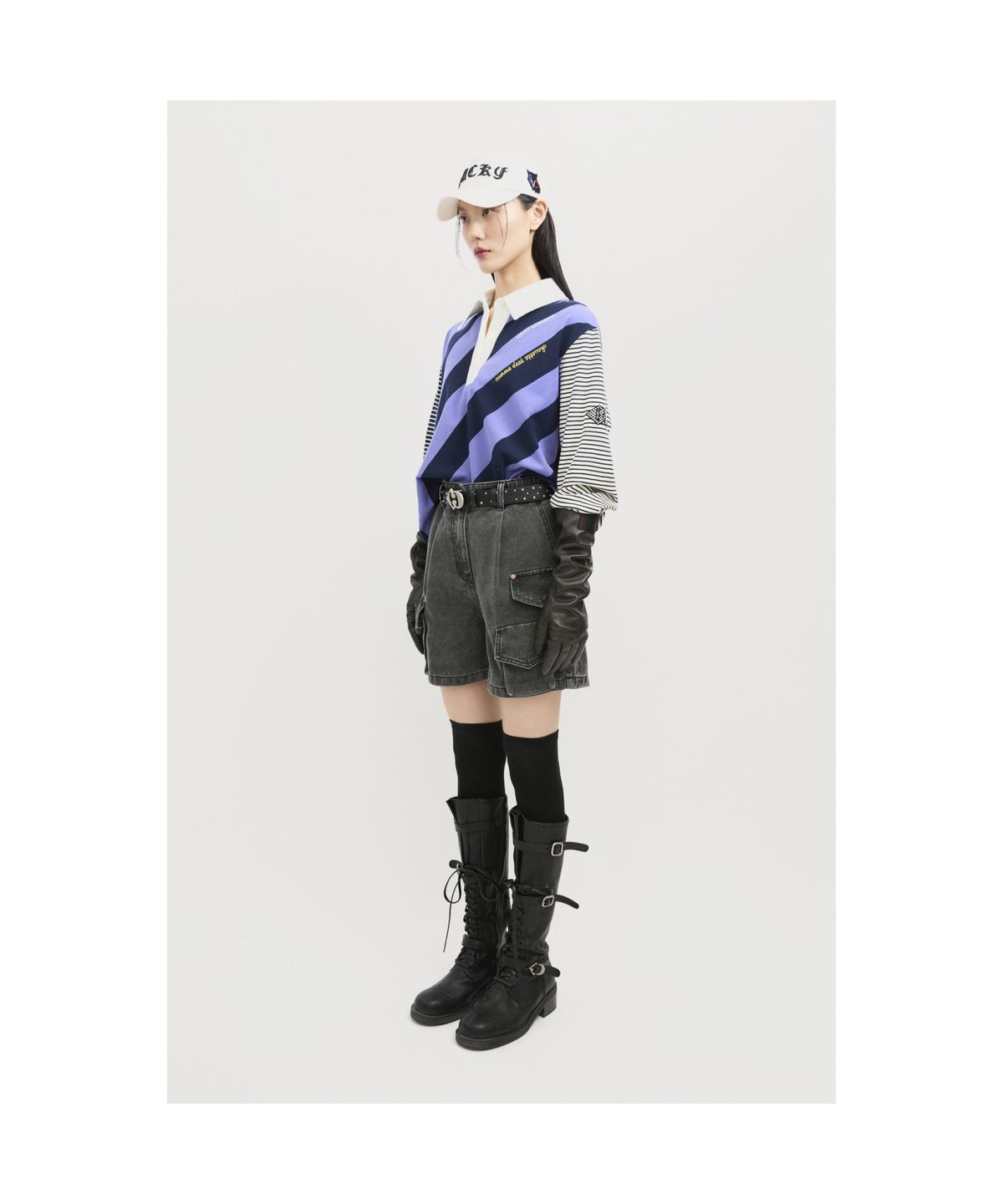 럭키슈에뜨(LUCKY CHOUETTE) Stripe Mix Collar Long Sleeve T-shirt (violet) LFTAS25105VLT