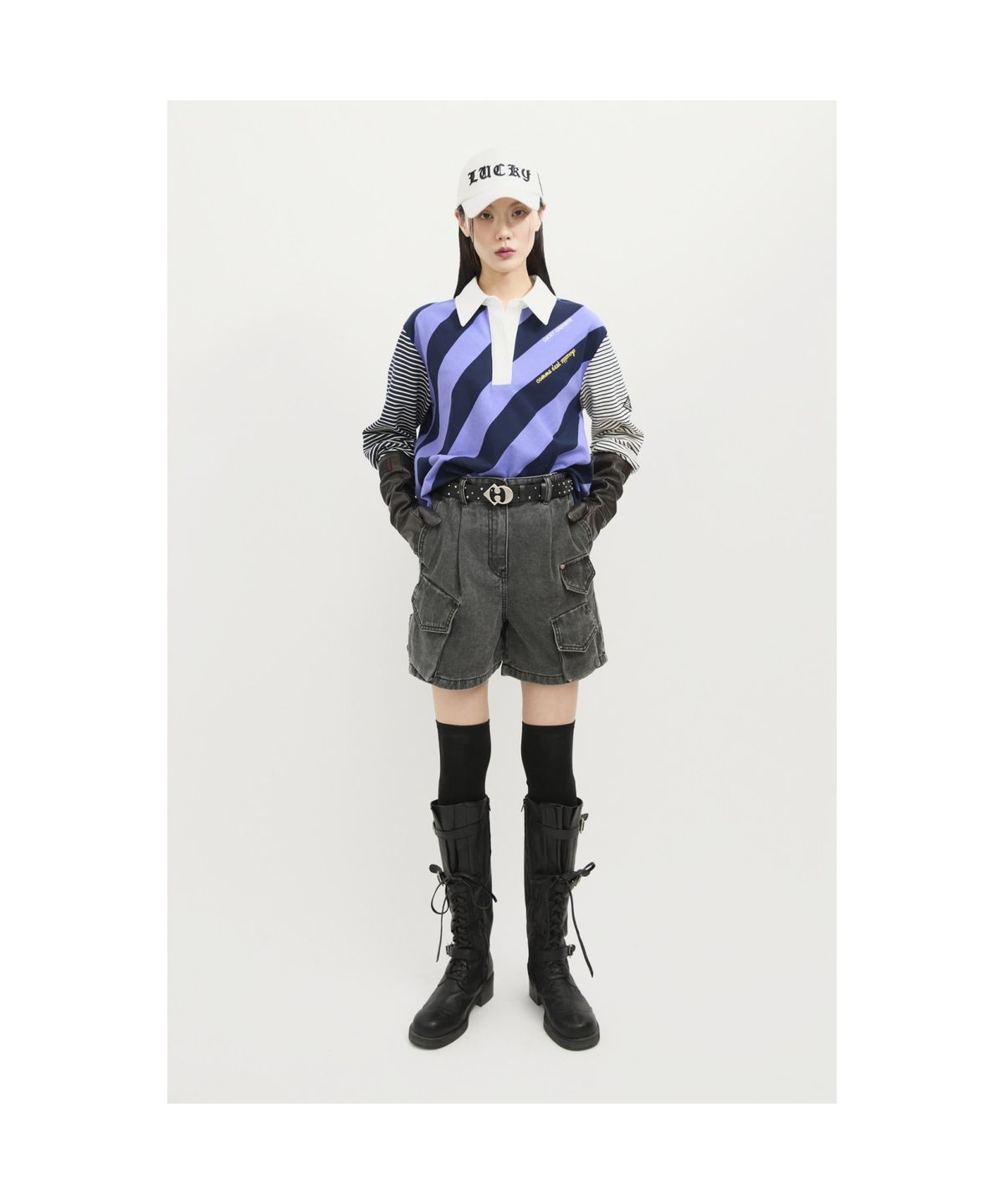 럭키슈에뜨(LUCKY CHOUETTE) Stripe Mix Collar Long Sleeve T-shirt (violet) LFTAS25105VLT
