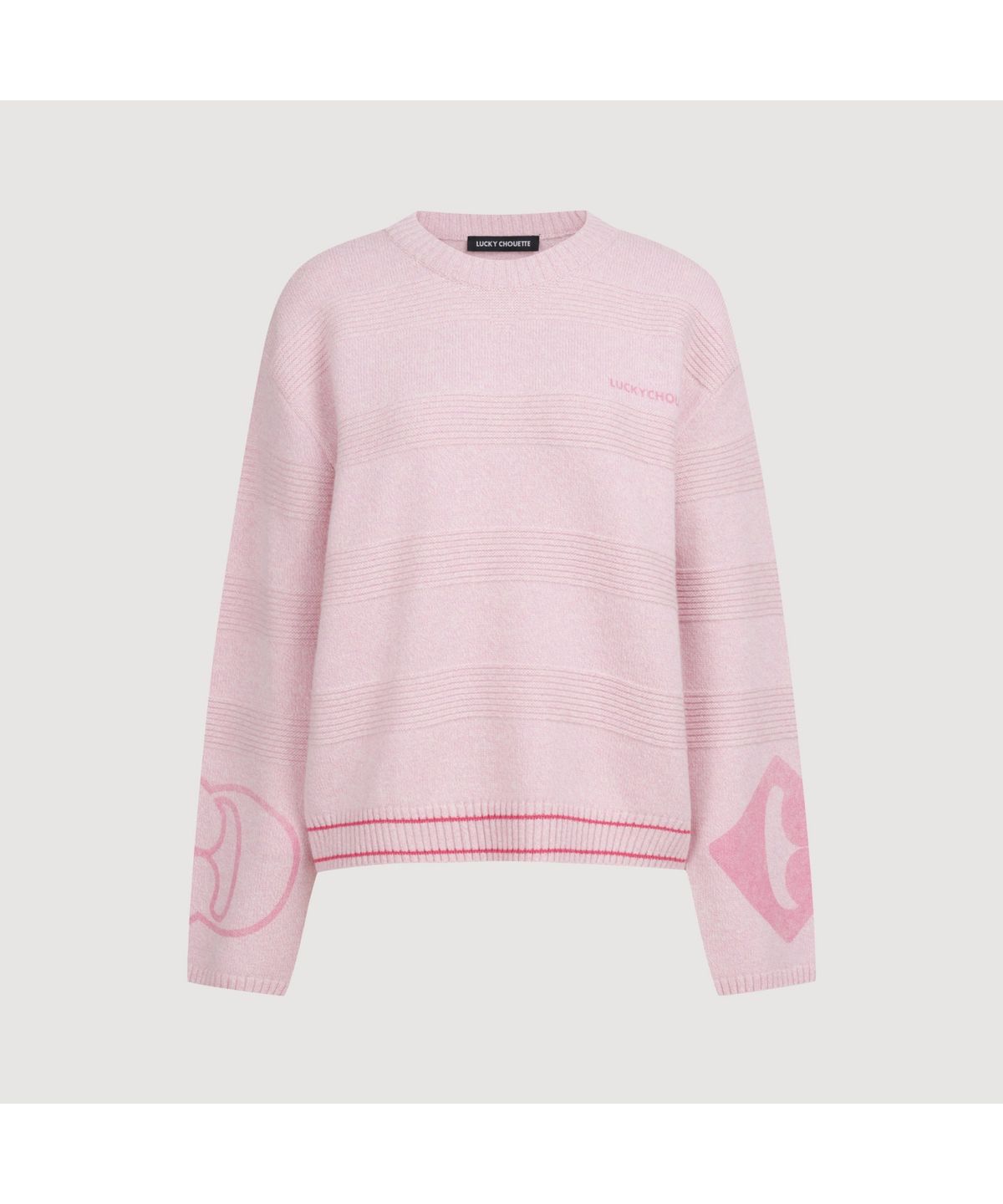 럭키슈에뜨(LUCKY CHOUETTE) Sleeve Emblem Printed Kni Pullover (light pink) LFWAS25110PIL