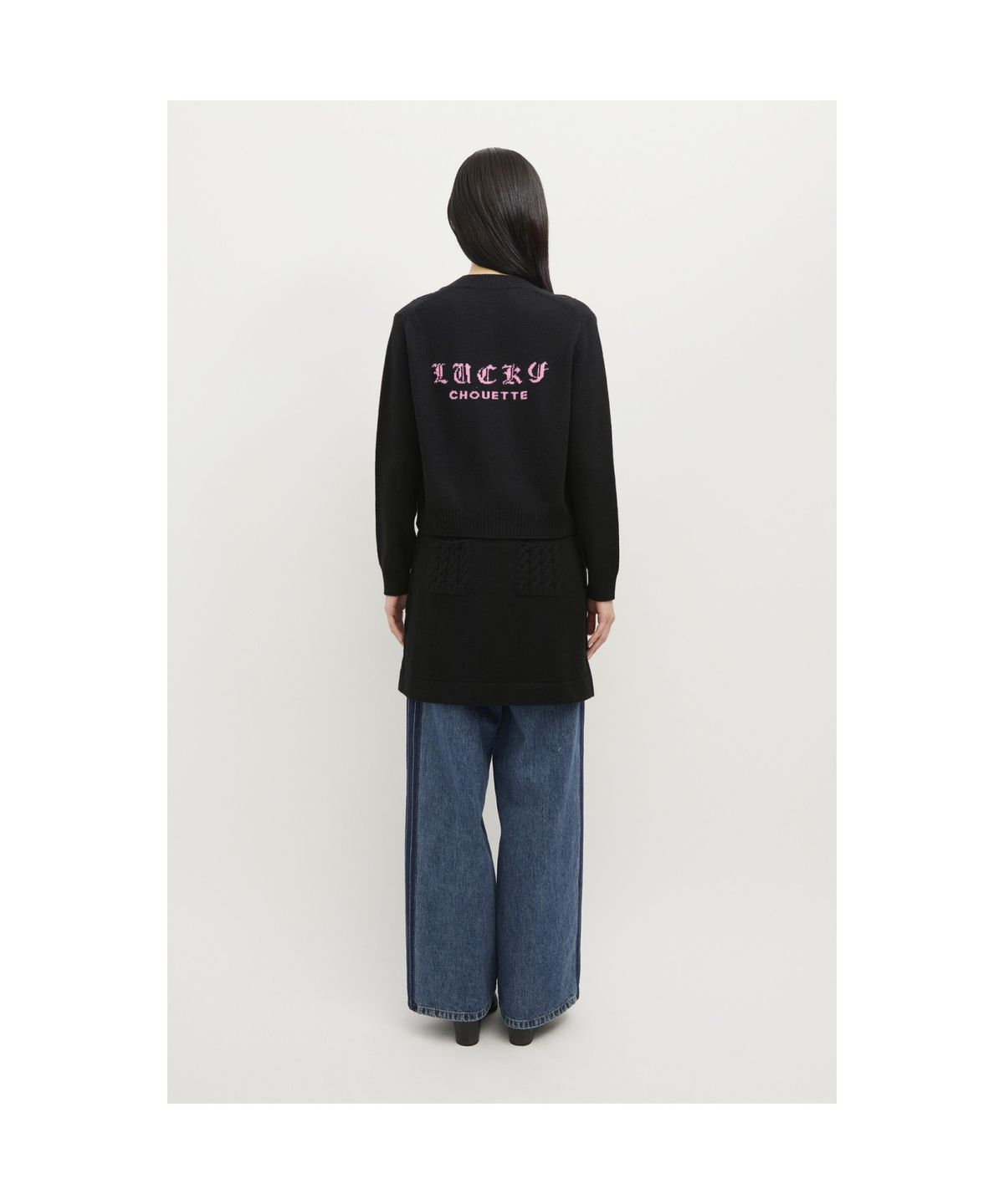 럭키슈에뜨(LUCKY CHOUETTE) Back Lucky Lettering Knit Cardigan (black) LFWCS25120BKX