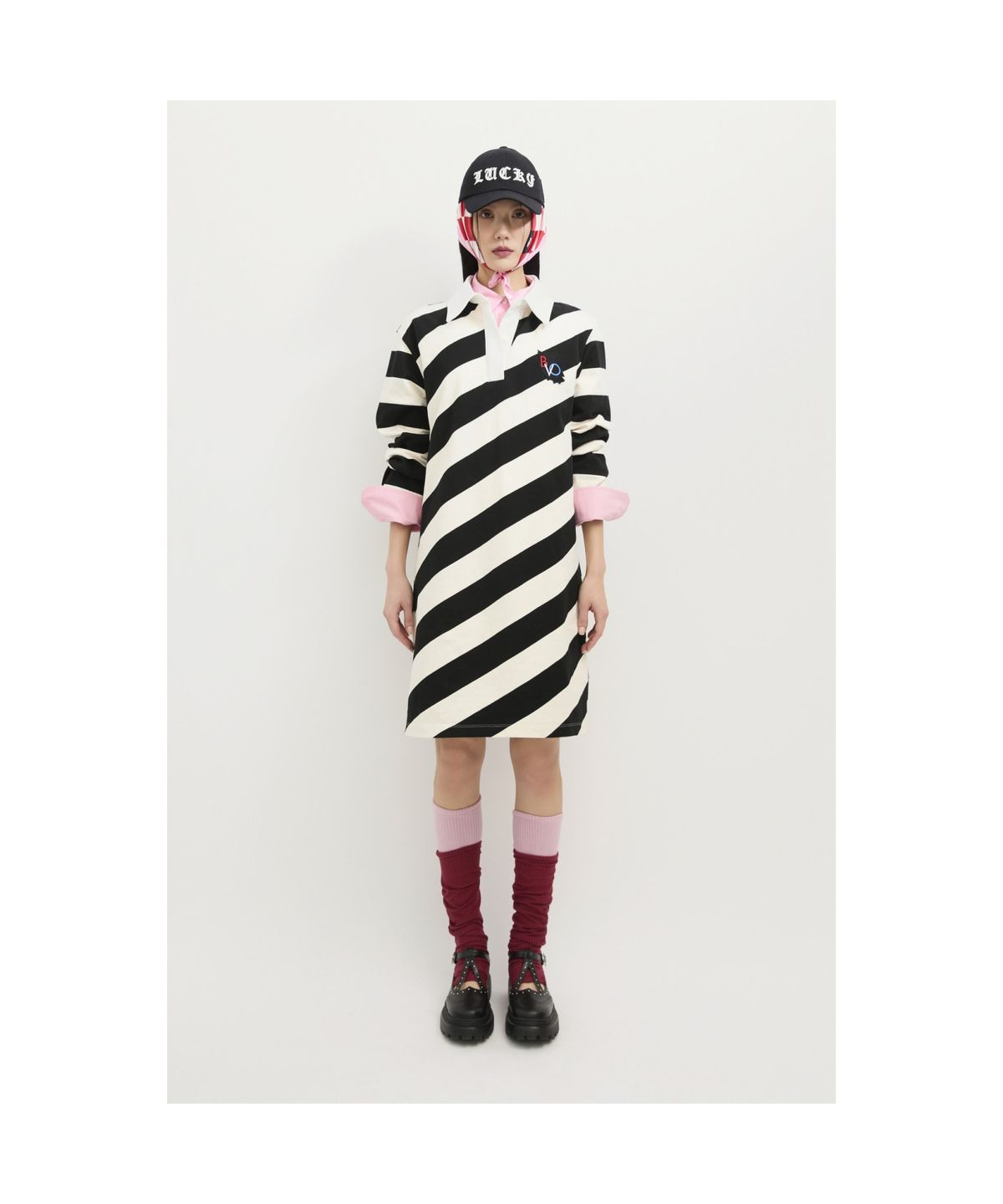 럭키슈에뜨(LUCKY CHOUETTE) Fabric Mix Jersey Collar Dress (ivory) LFDAS25120IVX