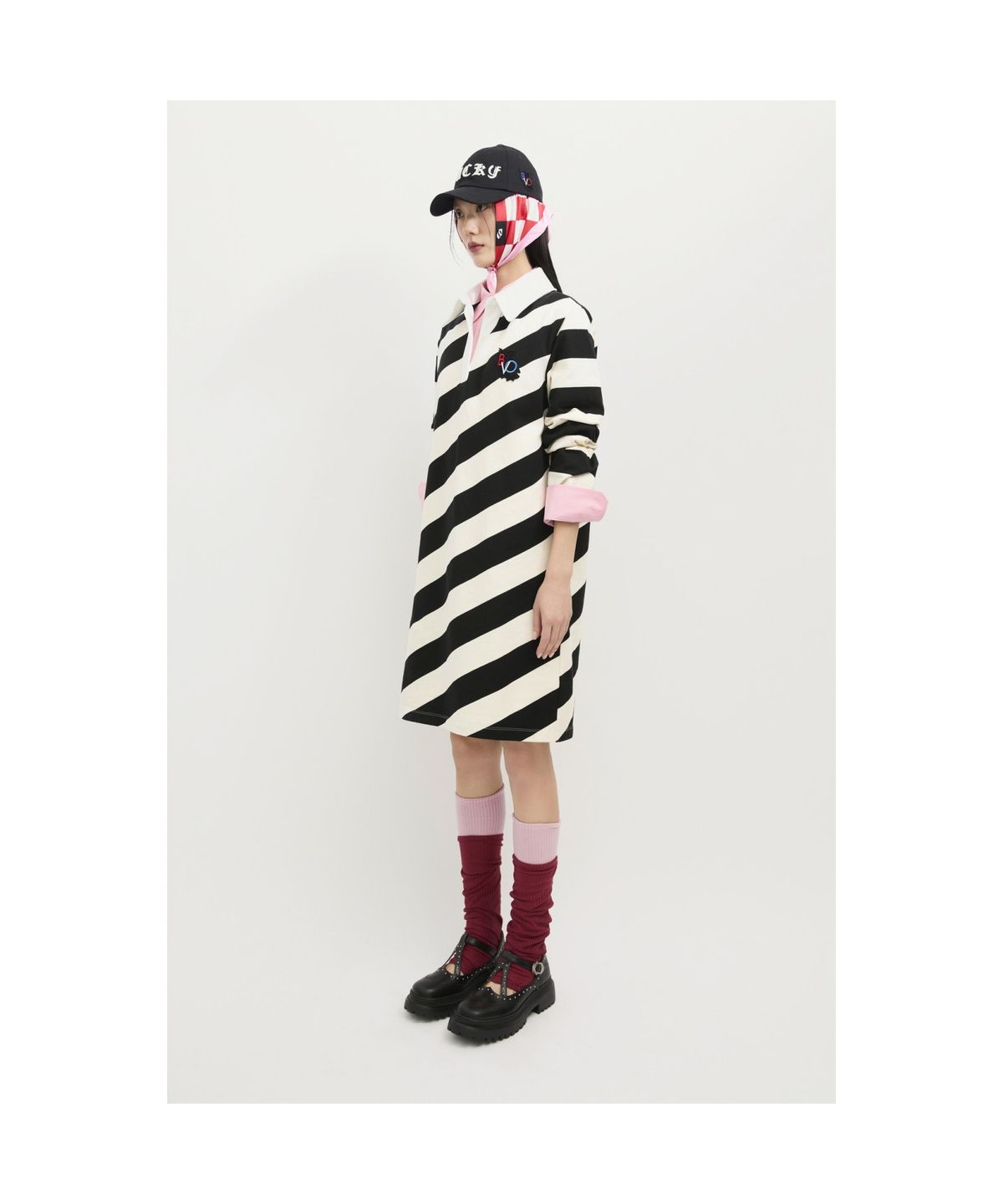 럭키슈에뜨(LUCKY CHOUETTE) Fabric Mix Jersey Collar Dress (ivory) LFDAS25120IVX