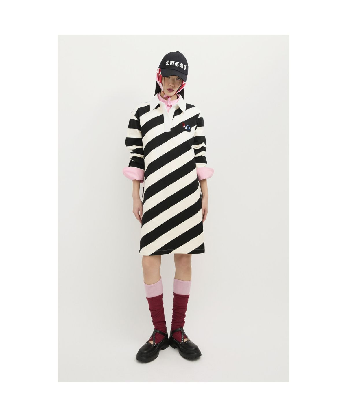 럭키슈에뜨(LUCKY CHOUETTE) Fabric Mix Jersey Collar Dress (ivory) LFDAS25120IVX