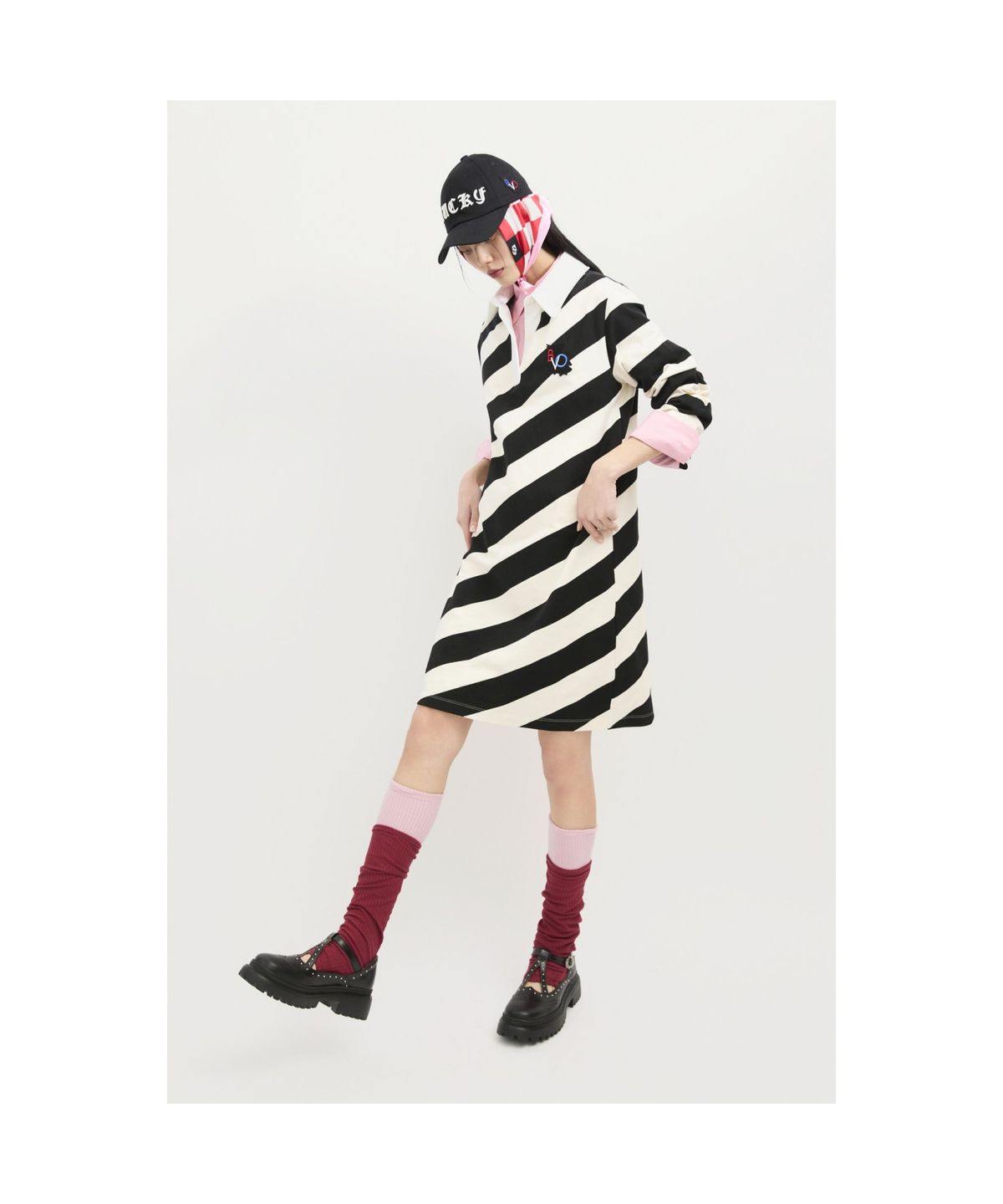럭키슈에뜨(LUCKY CHOUETTE) Fabric Mix Jersey Collar Dress (ivory) LFDAS25120IVX