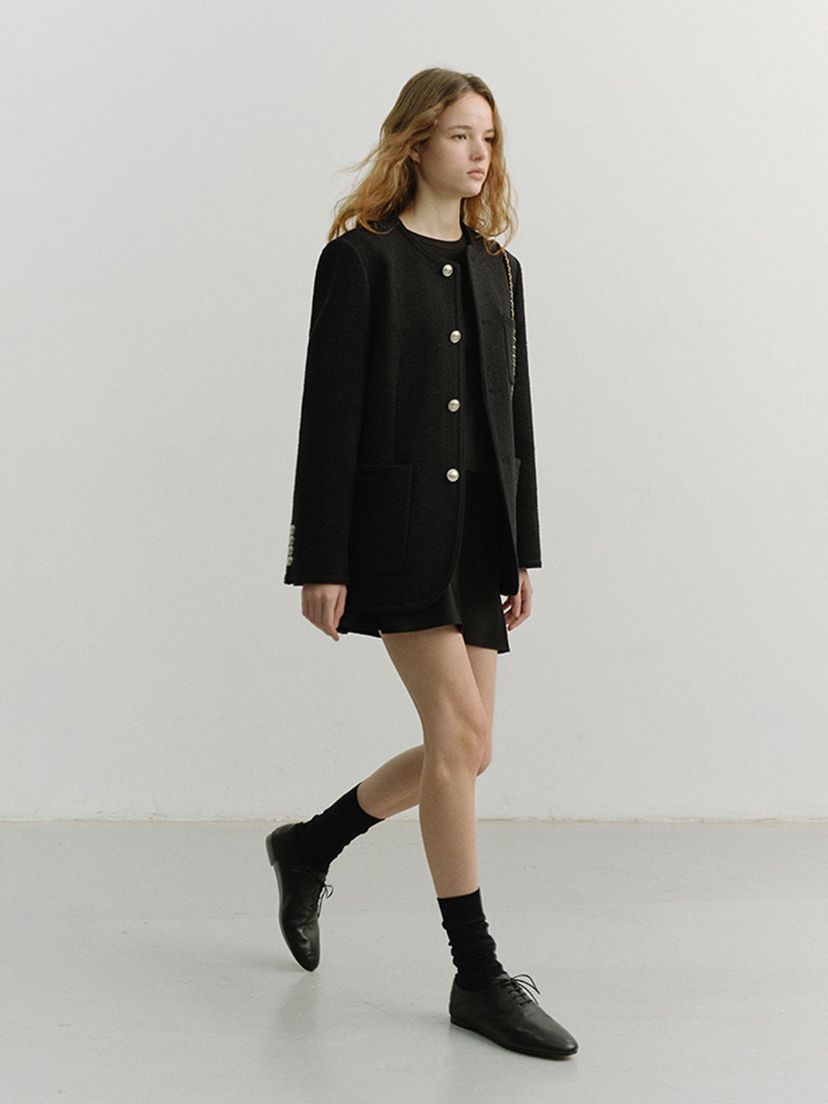 던스트(DUNST) UNISEX COLLARLESS TWEED JACKET_UDJA6A109_BLACK