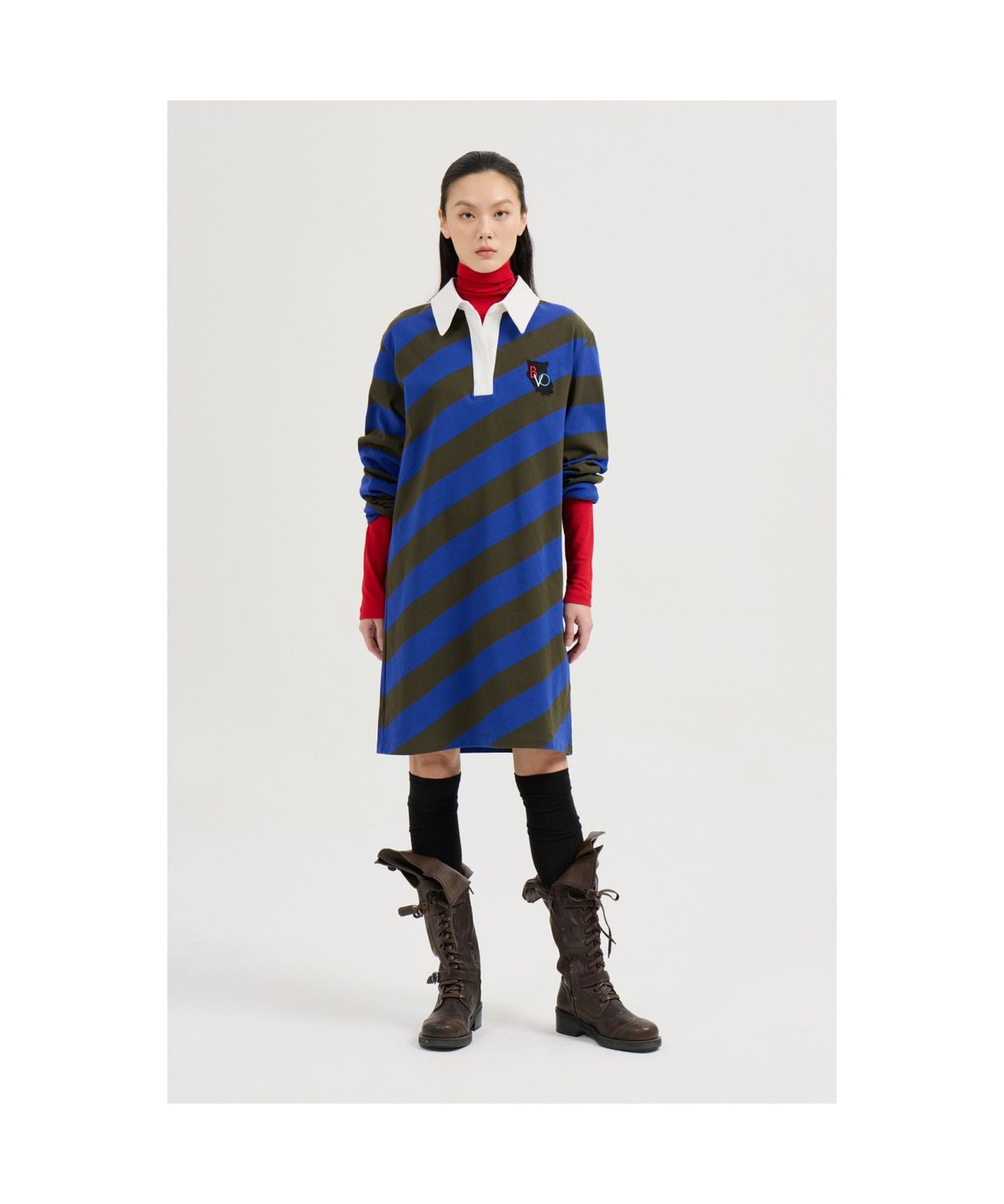 럭키슈에뜨(LUCKY CHOUETTE) Fabric Mix Jersey Collar Dress (khaki) LFDAS25120KHX