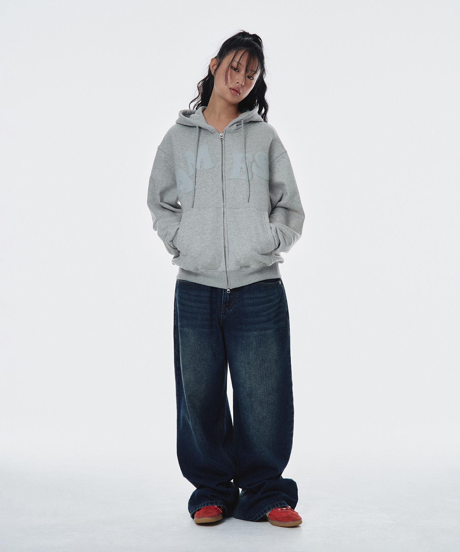 ★AMES-WORLDWIDE★BIG TYPO HOODIE ZIP UP GREY★正規品/送料込 MUSINSA公式 | AMES-WORLDWIDE BIG TYPO HOODIE ZIP UP GREY