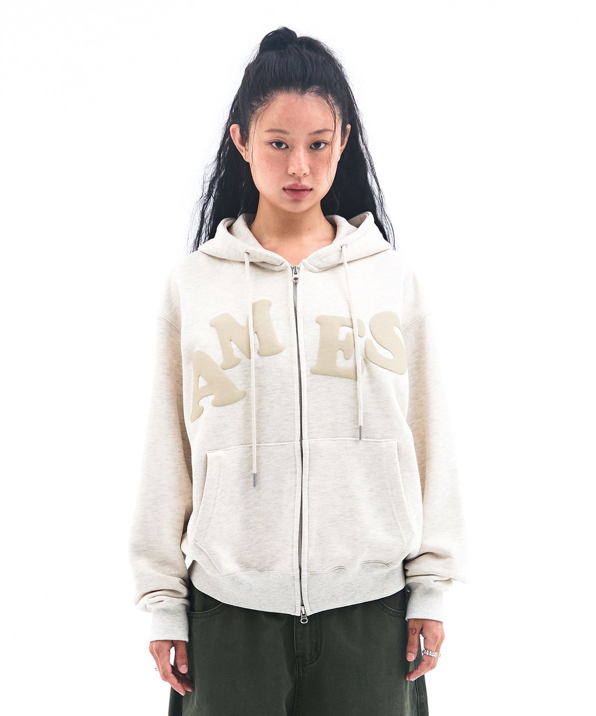 아메스 월드와이드(AMES-WORLDWIDE) BIG TYPO HOODIE ZIP UP OATMEAL