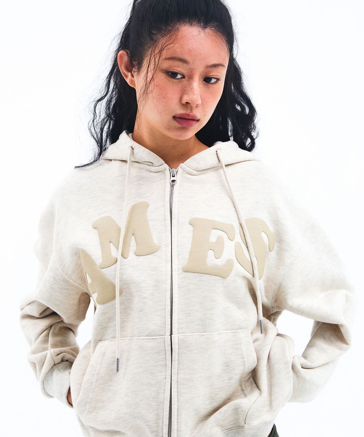 아메스 월드와이드(AMES-WORLDWIDE) BIG TYPO HOODIE ZIP UP OATMEAL
