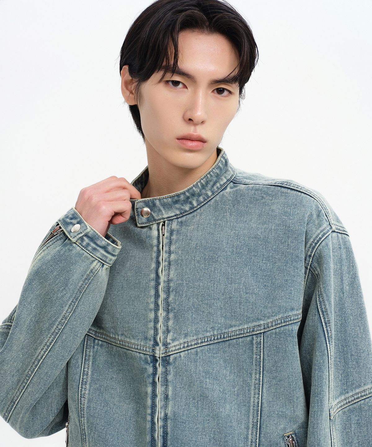 무신사 스탠다드(MUSINSA STANDARD) 스톤 워시드 데님 레이서 재킷 [러스티 스카이 블루]