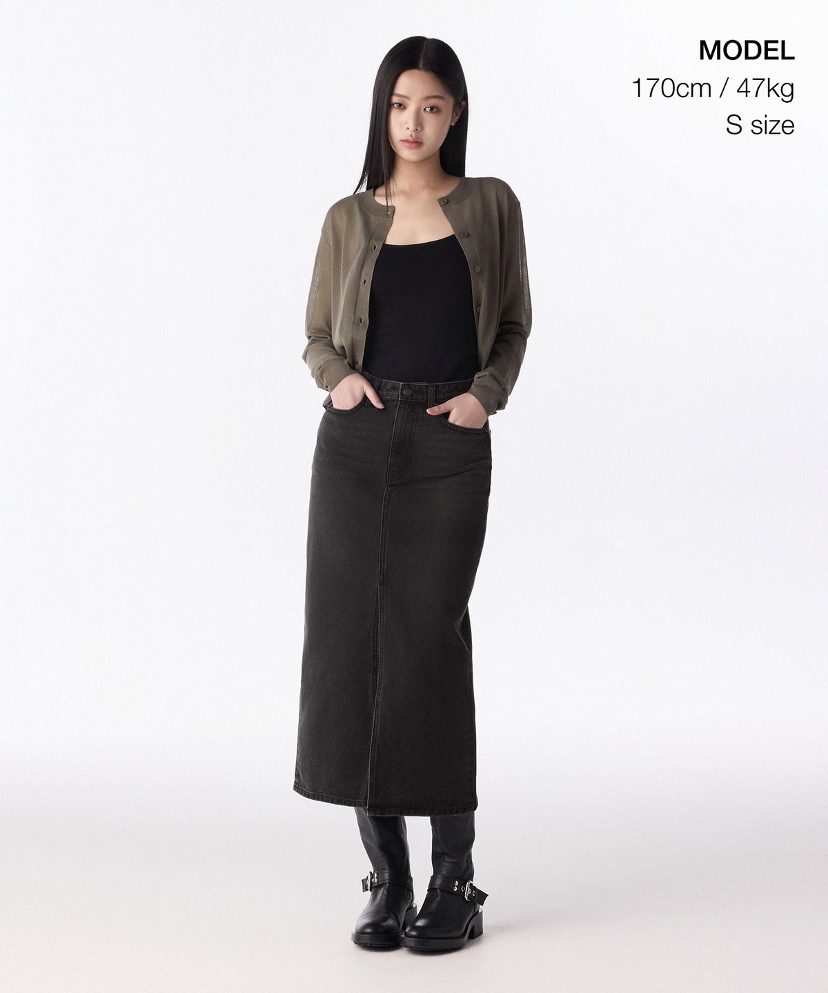 무신사 스탠다드 우먼(MUSINSA STANDARD WOMAN) 우먼즈 프론트 슬릿 데님 롱 스커트 [러스티 블랙]