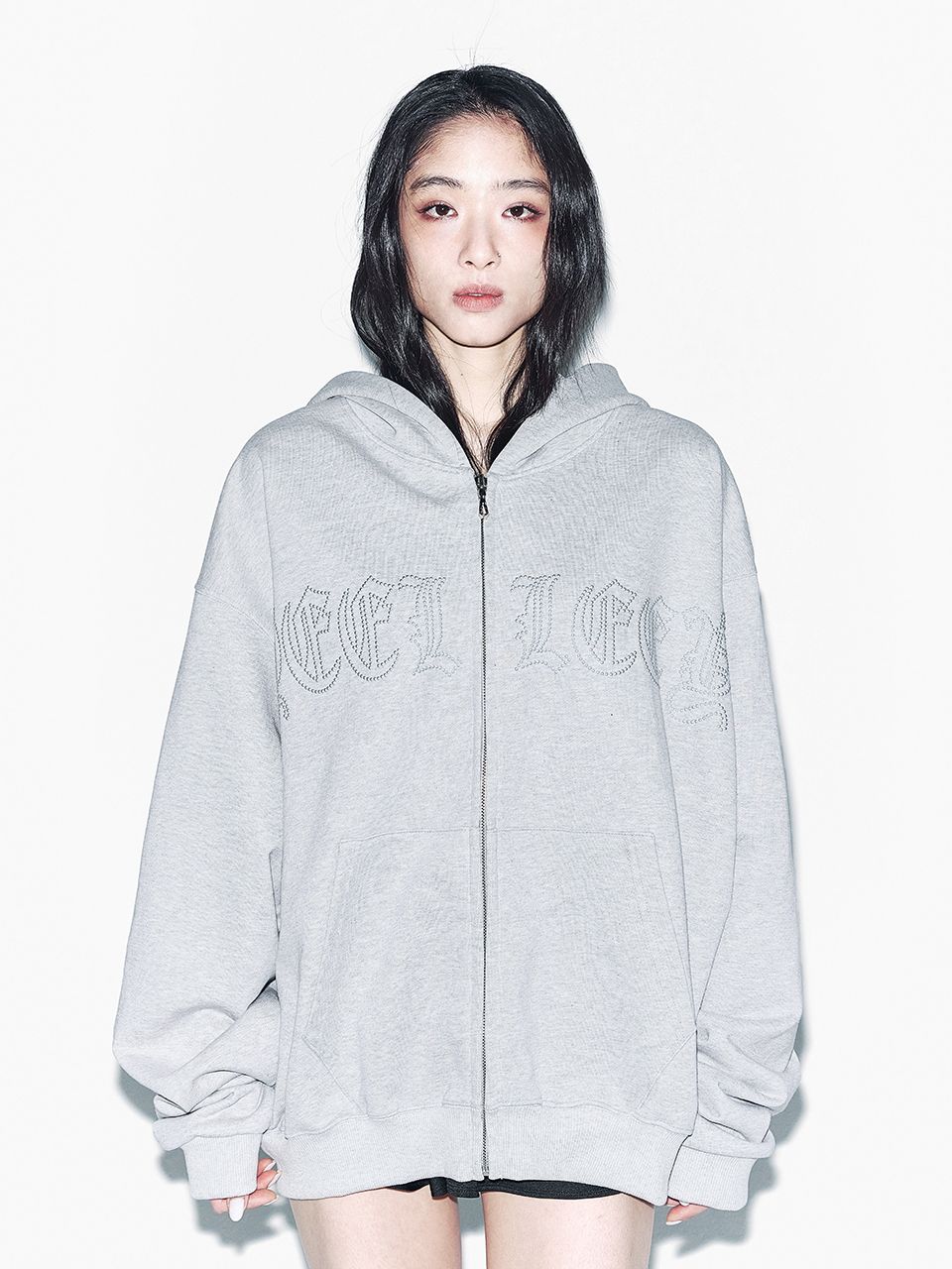 MUSINSA公式 | YEEL STUDDED ZIP-UP HOODIE OVERSIZED GREY