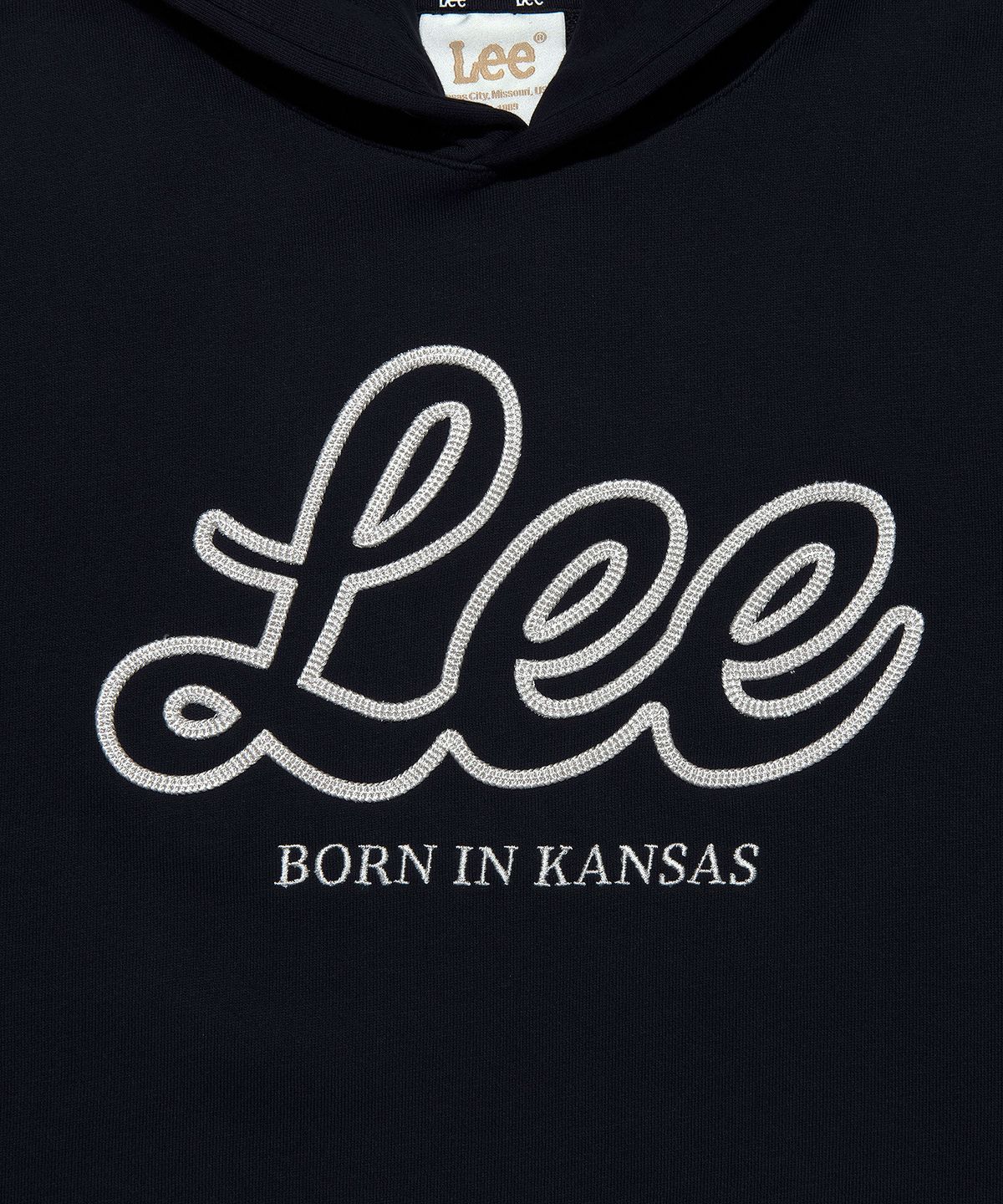 리(LEE) 우먼 유니온 로고 크롭 후드 네이비