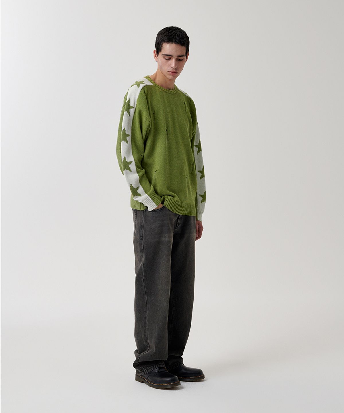 마하그리드(MAHAGRID) STAR CRASH KNIT CREWNECK OLIVE(MG2FSMK610A)