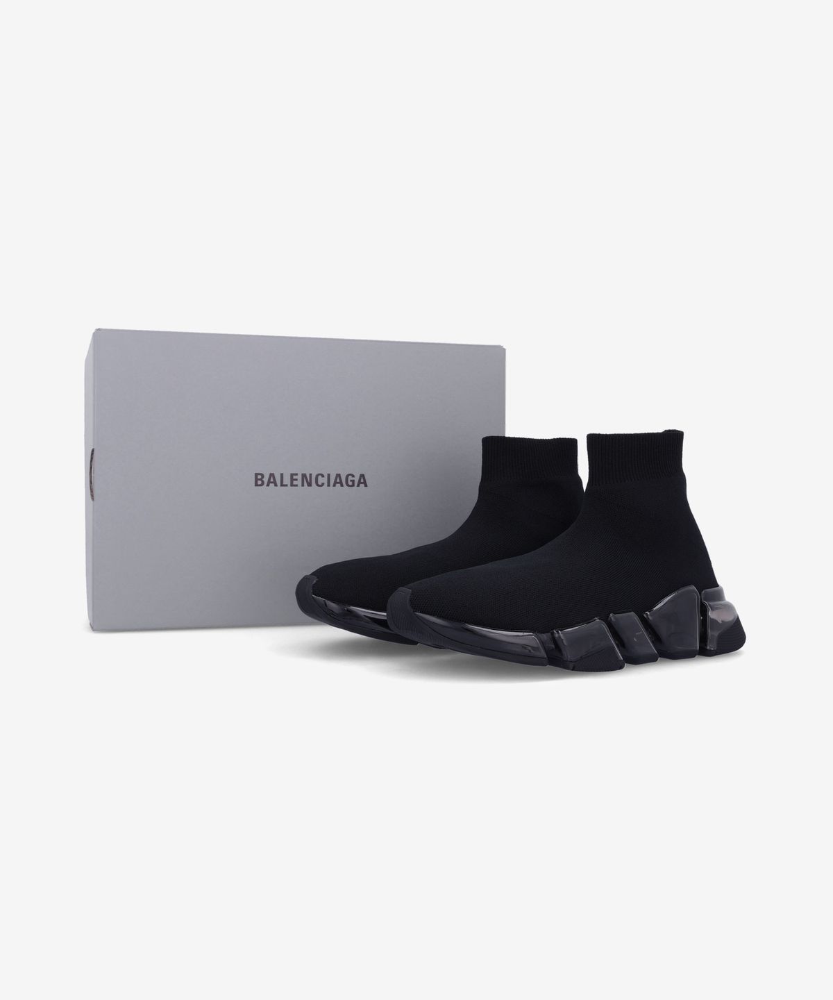발렌시아가(BALENCIAGA) 스피드 2.0 풀 클리어 솔 그래피티 리사이클드 니트 스니커즈 - 블랙:화이트 / 617196W2DIA1190