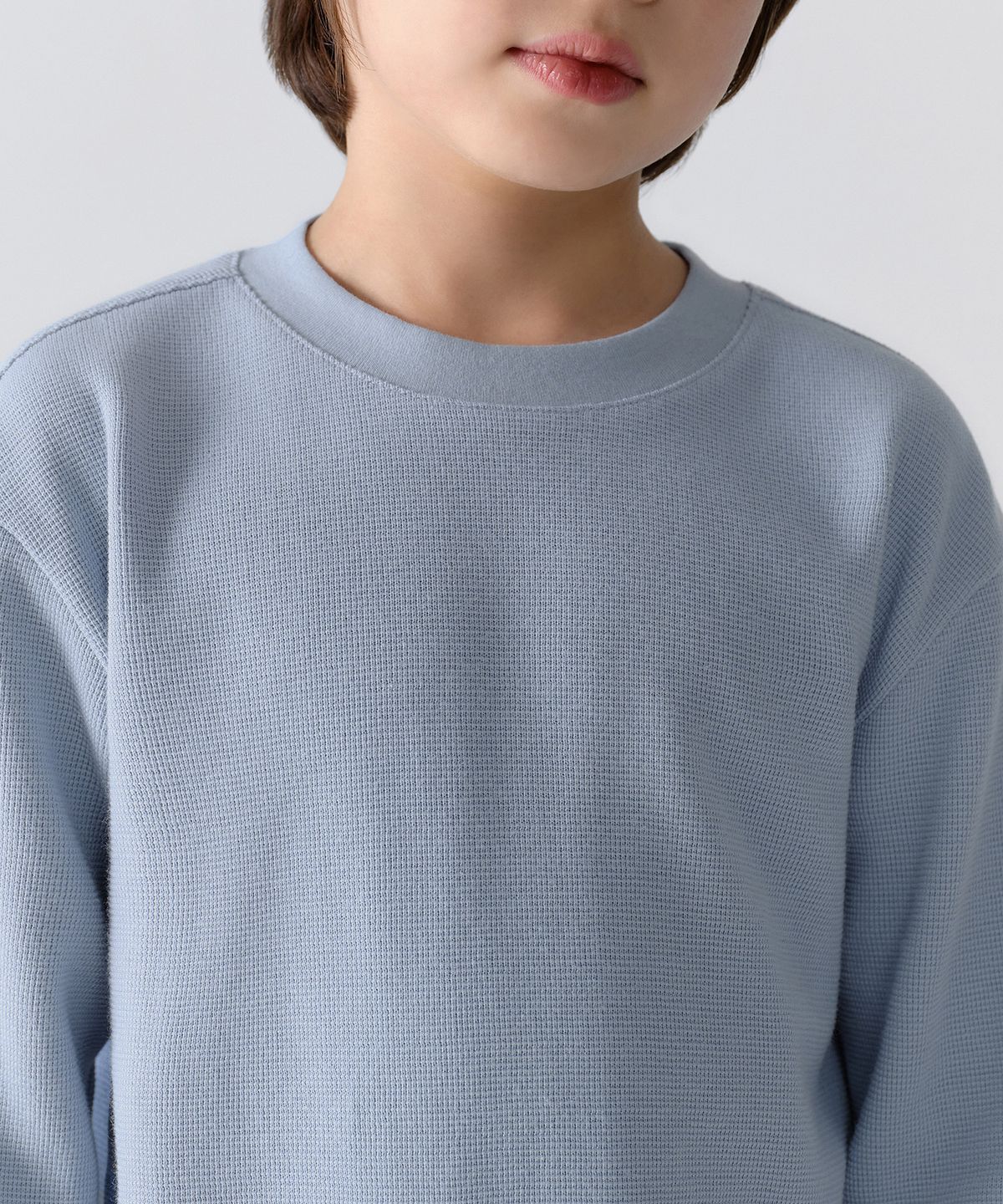 무신사 스탠다드 키즈(MUSINSA STANDARD KIDS) 와플 릴렉스드 크루 넥 긴소매 티셔츠 [블루 그레이]