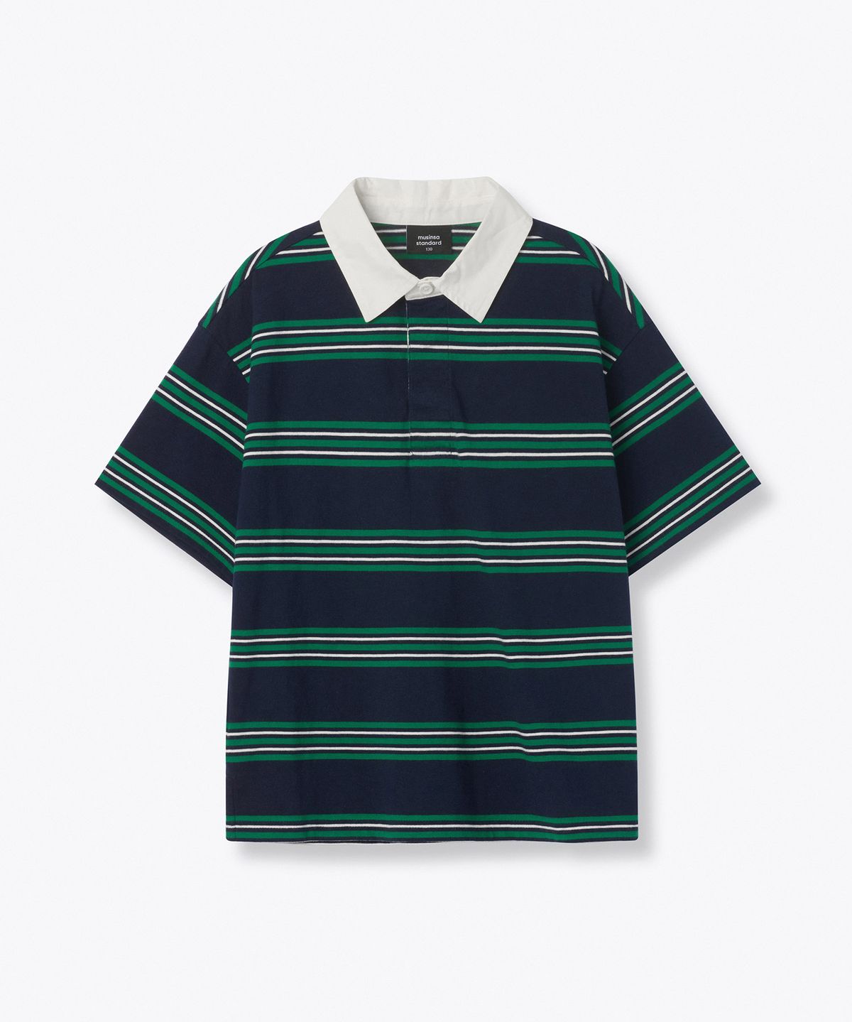 무신사 스탠다드 키즈(MUSINSA STANDARD KIDS) 멀티 스트라이프 반소매 럭비 셔츠1 [네이비]