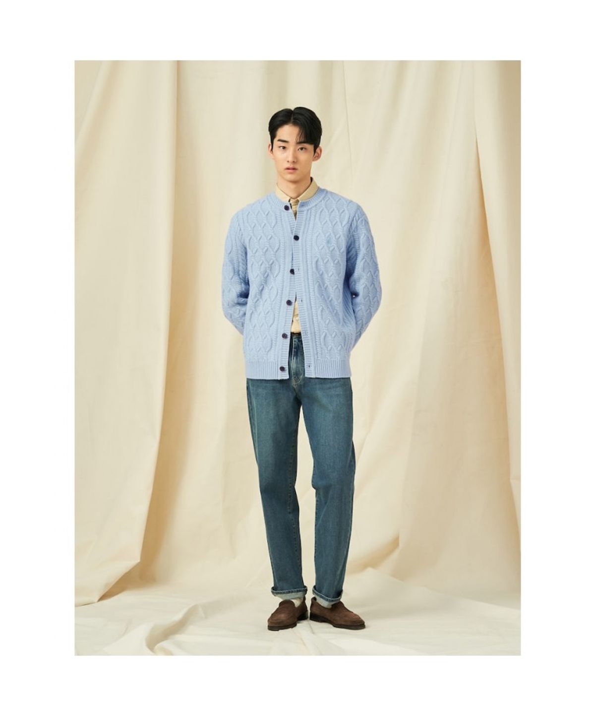 빈폴 멘(BEANPOLE MEN) 아란케이블 라운드 카디건  스카이 블루